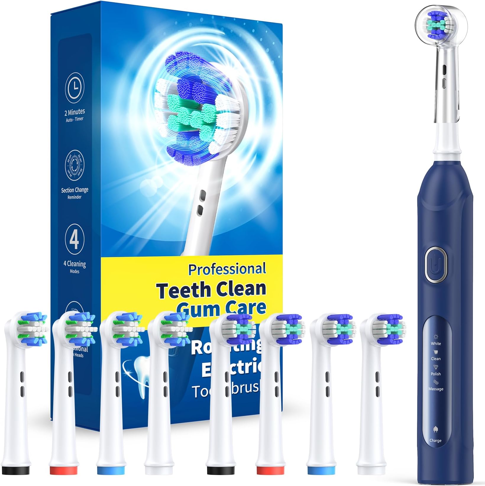 Rotating Electric Toothbrush for Adults with 8 Brush Heads (2 Types), 4 Modes Deep Clean Electric Toothbrush with Rechargeable Power and 2 Min Smart Timer Deepblue
