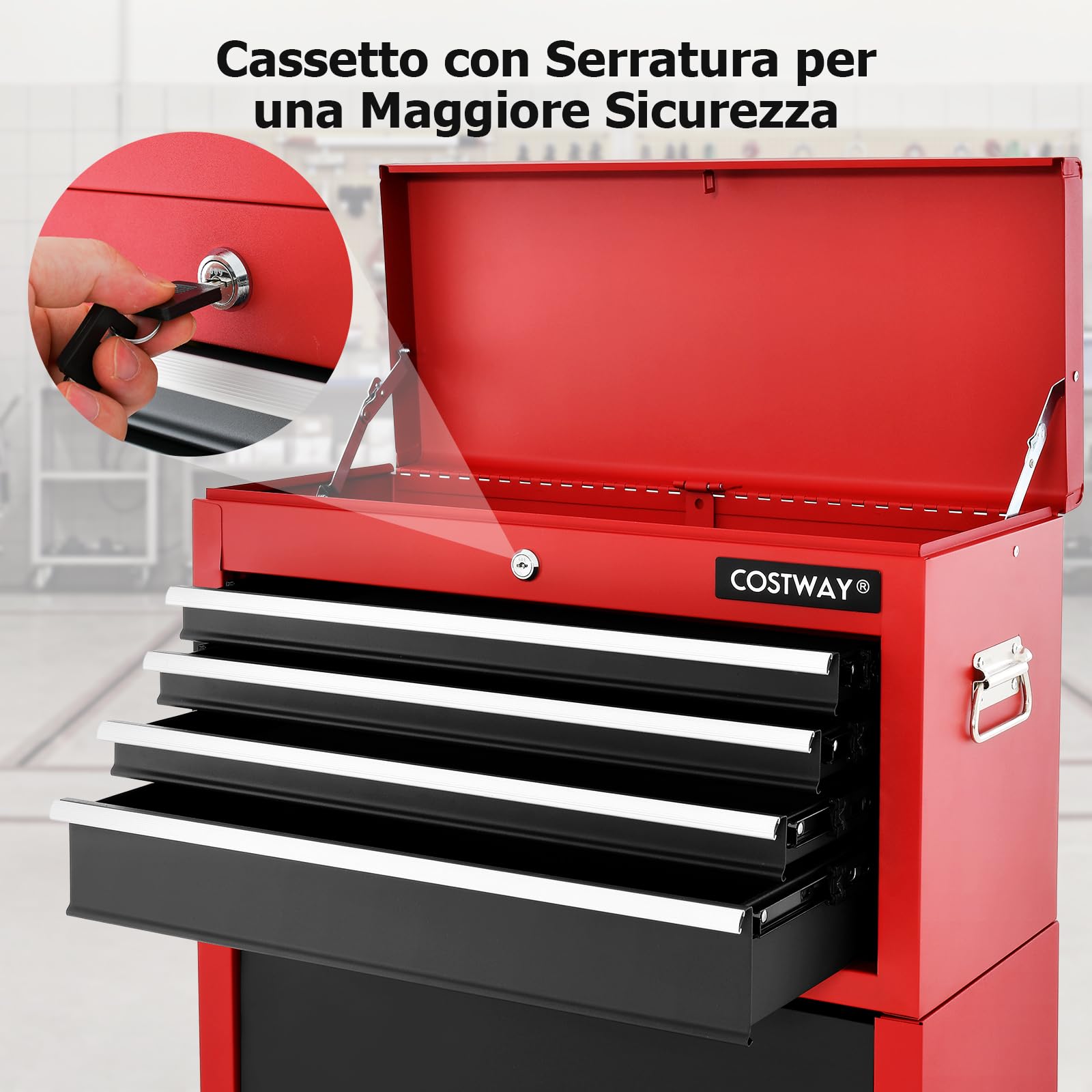 GYMAX Carrello Portautensili da Officina, Design 2 in 1 con Rotelle, Carrello con 6 Cassetti, Porte Scorrevoli e Serratura di Sicurezza, 61,5 x 33 x 132 cm (nero+rosso)