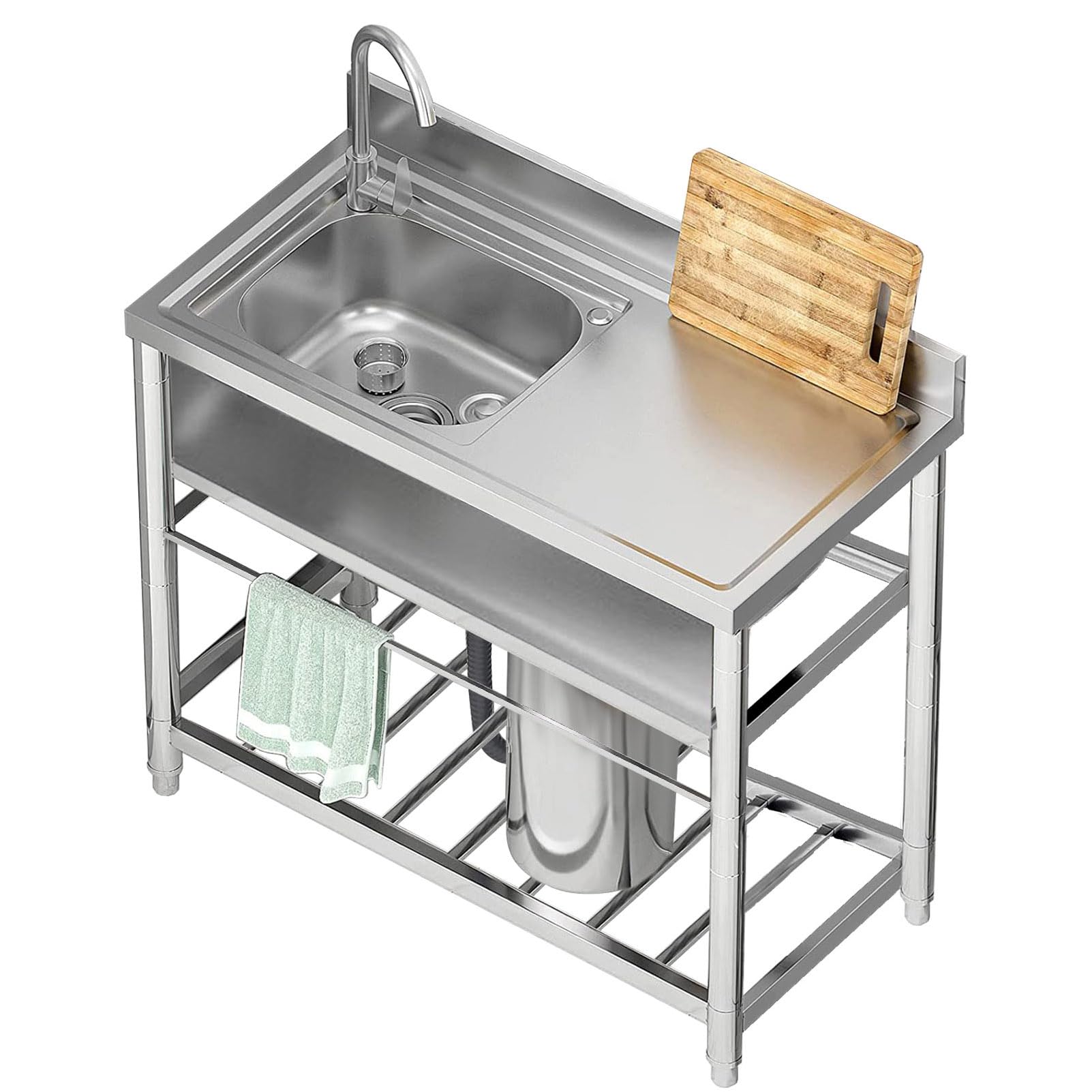 LMYSXAOZ Free Standing Commercial Restaurant Kitchen Sink, Stainless Steel Single Bowl Utility Laundry Sink Set Outdoor with Workbench & Storage Shelve
