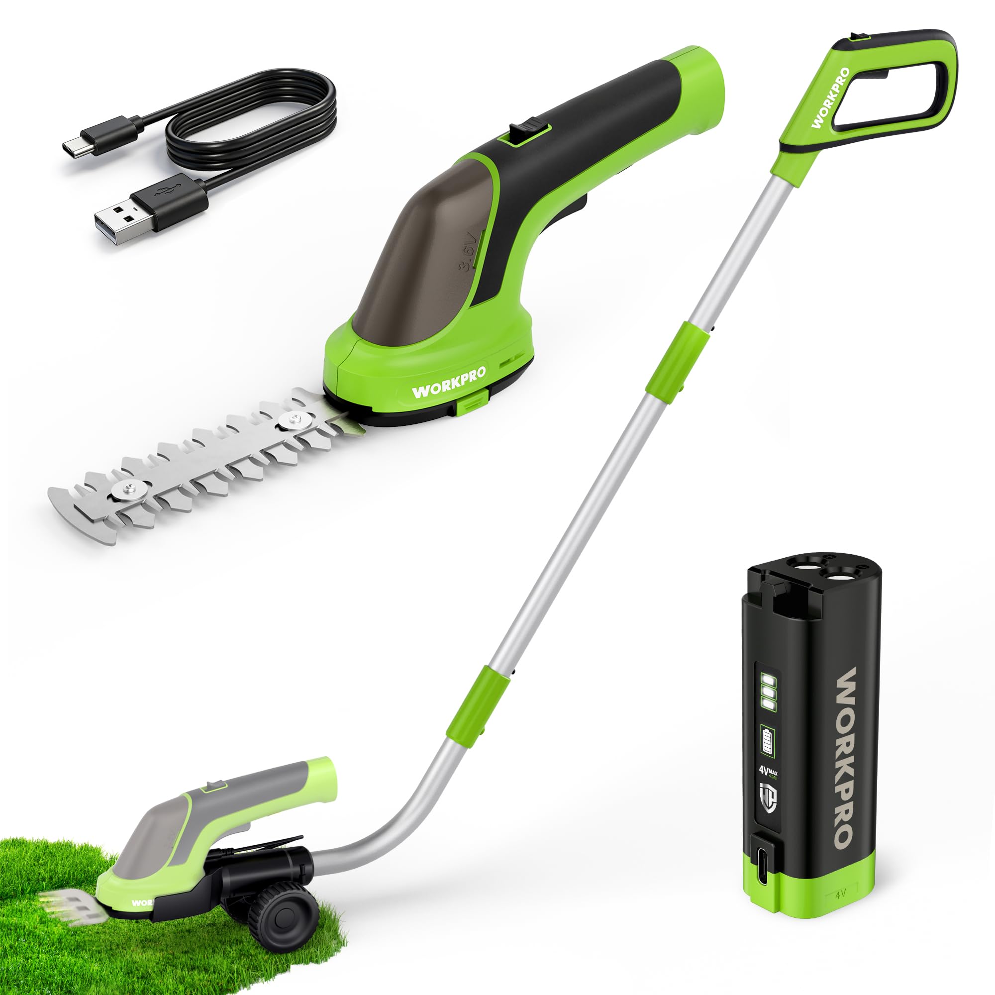 Photo 1 of WORKPRO 3.6V Hedge Trimmer Cordless, 3-in-1 Electric Hedge Trimmer & Grass Cutter with 37'' Wheeled Extension Pole, 4.0Ah Removable Battery & Type-C Cable, Lightweight Bush Trimmer for Lawn & Garden