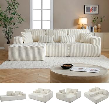 110" Cloud Boneless Couch, L-Shaped Sectional Sofa for Living Room, Beige