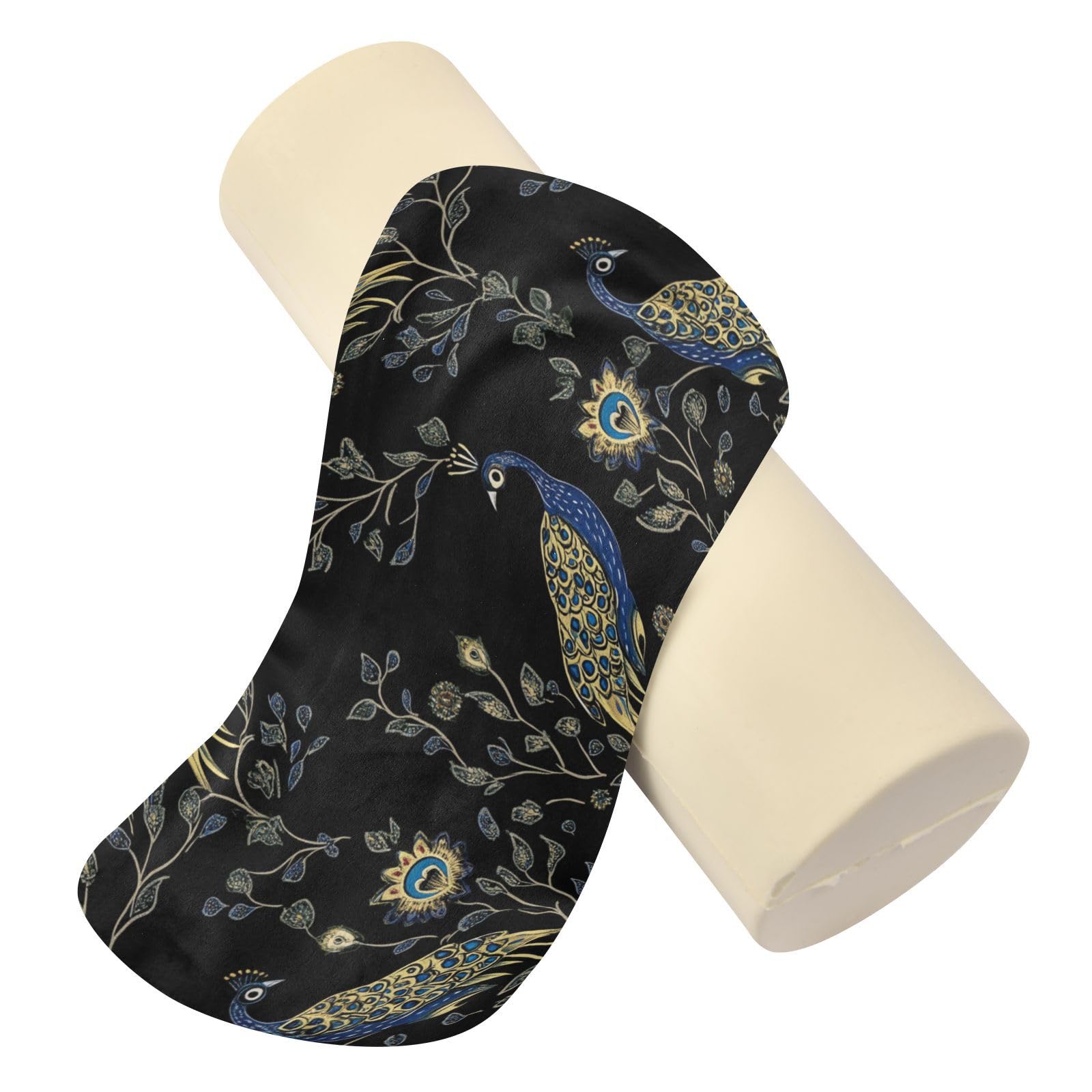 miaozhen Elegant Peacocks Floral Motifs Black Lumbar Support Pillow Sleep Neck Roll Pillows for Pain Relief almohada para rodillas 5.5''x17''