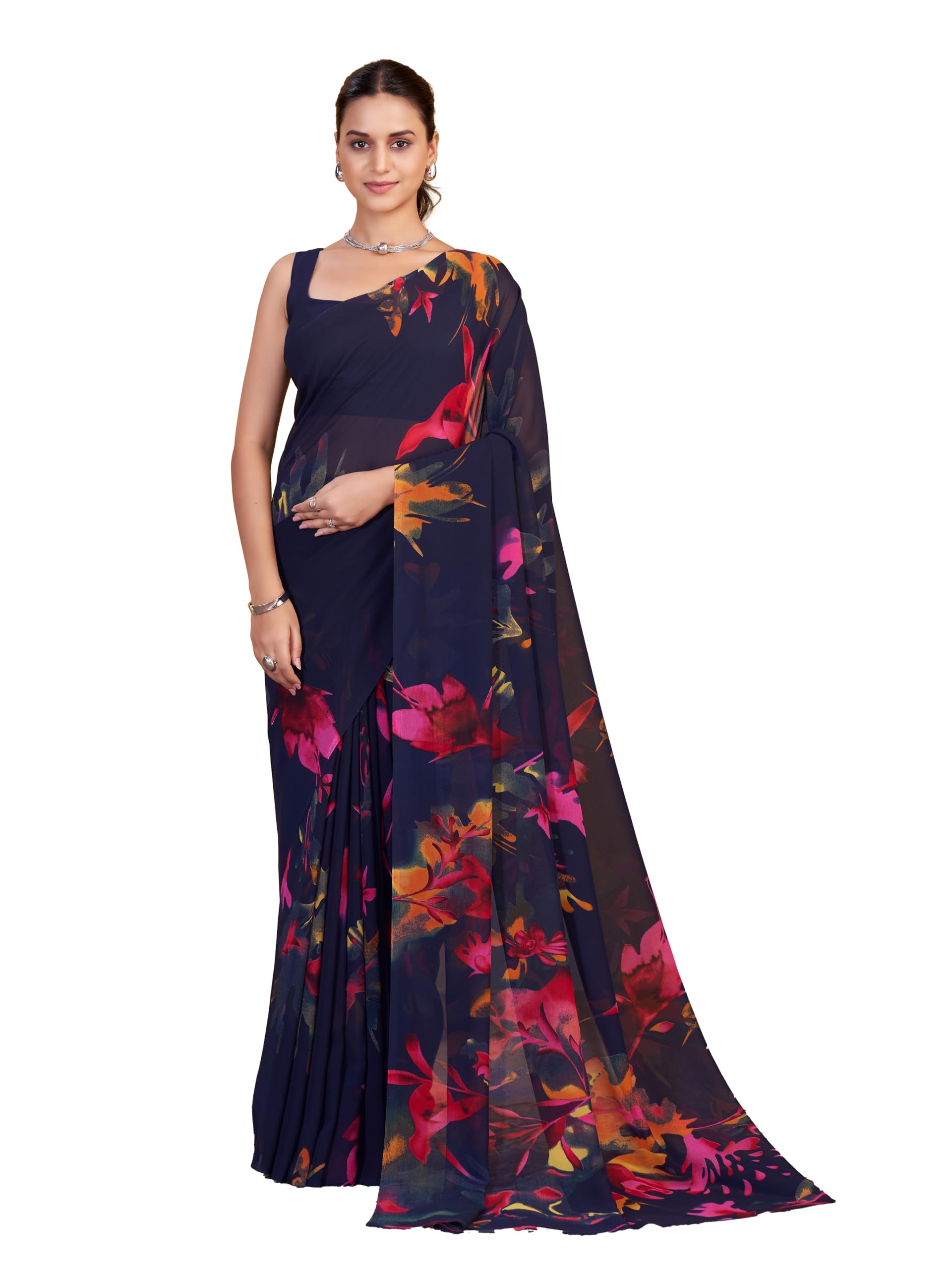garden vareli Georgette Floral Printed Saree 88770 - Navy Blue-picture-8