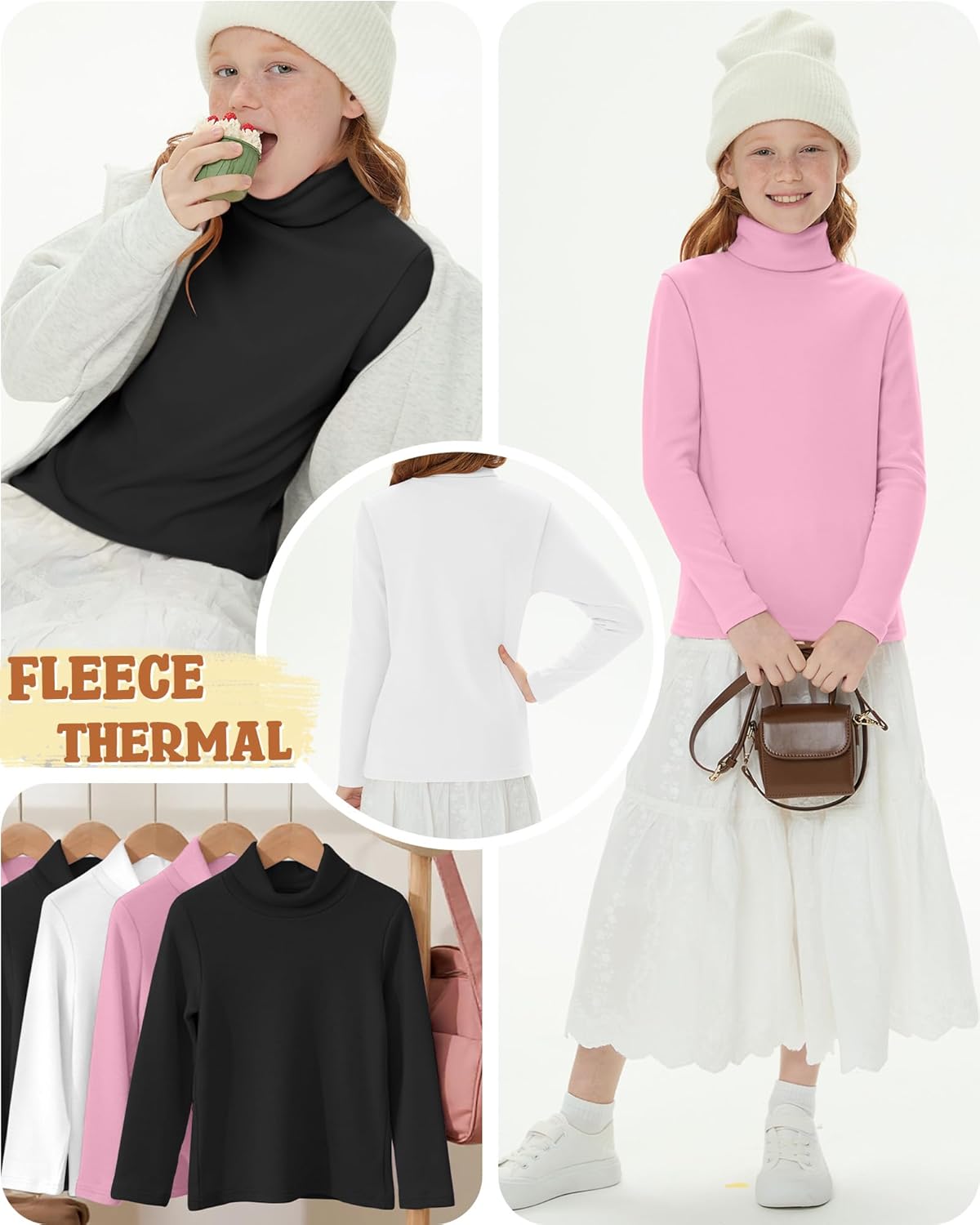 3 Pack Girls Turtleneck T Shirt, Fleece Mock Neck Thermal Tops Long Sleeve Kids Sweater Soft Base Layer Undershirt - Image 4
