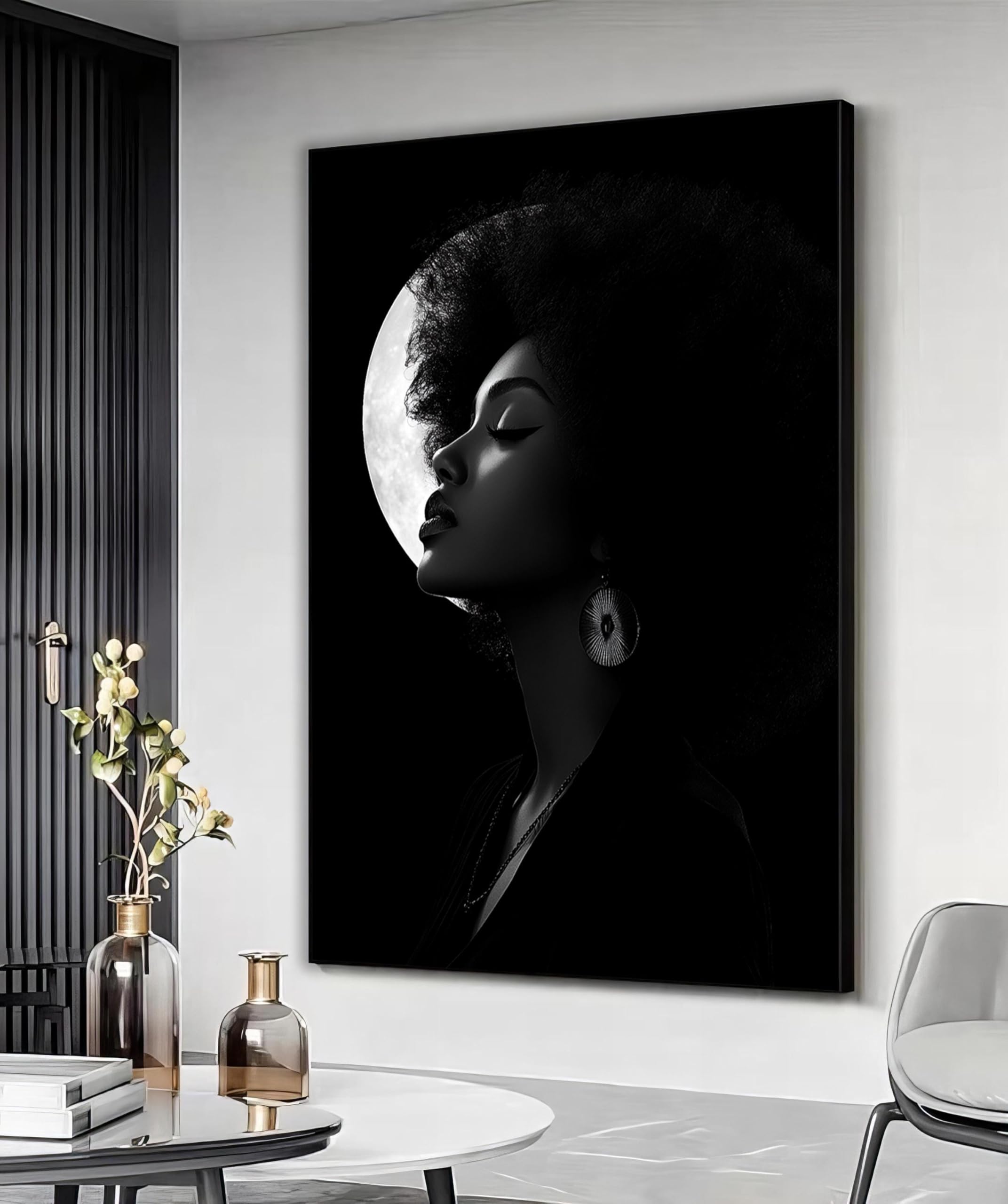 YUSUZHU Afro Woman Full Moon Canvas Print, Black White African Woman Moon Art Print, Wall Decor, Woman Painting, Woman Portrait(60x80cm/Frameless)