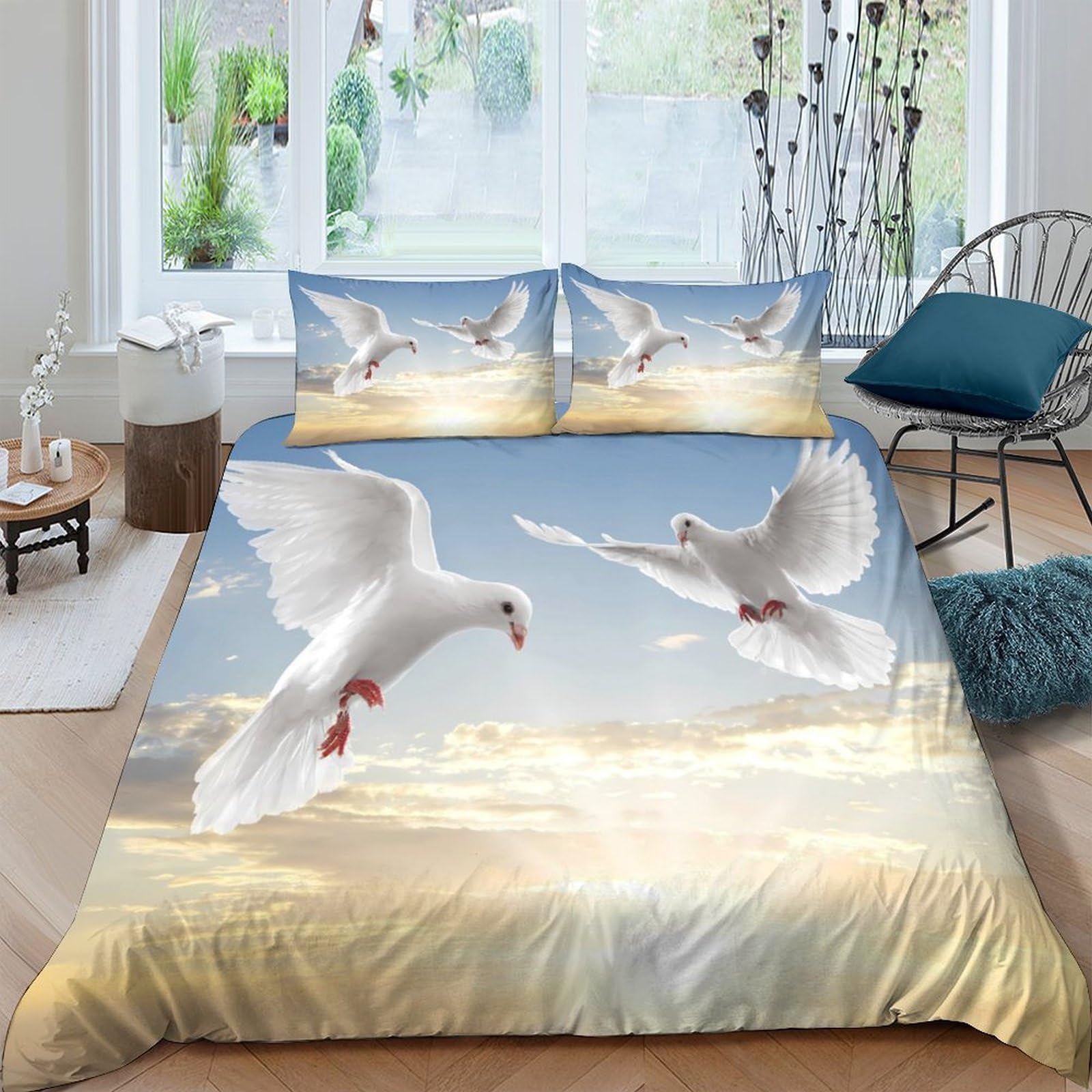 Ctjqhvkz Style-5 3D Printed White Dove Sunrise Fitted Sheet Microfiber Soft Sky Blue Peaceful Bed Cover For Bedroom Guest Room Decor Single（135X200cm）