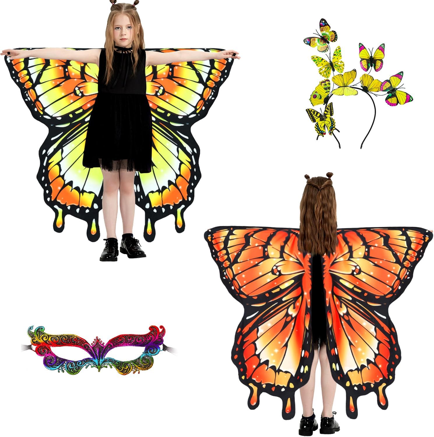 plainshe Halloween Costumes for Kids, Double Sided Butterfly Wings, Fairy Wings for Girls, 3PCS Butterfly Costumes Set.