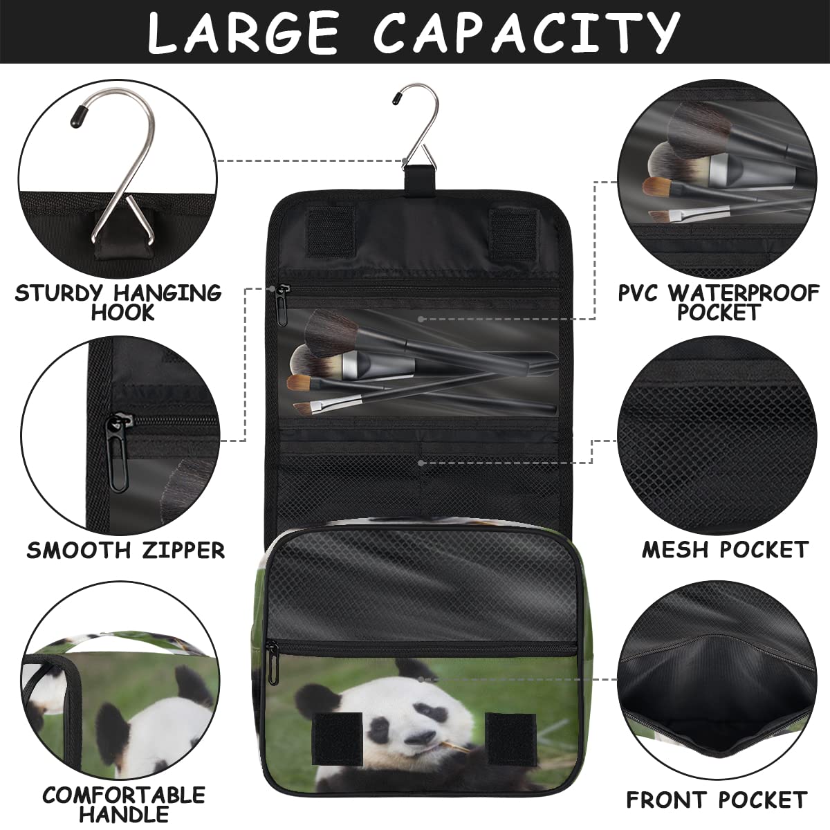 Bolsa de aseo de viaje con diseño de panda, bolsa de lavado unisex para colgar artículos de tocador cosméticos, multicolor, Talla única