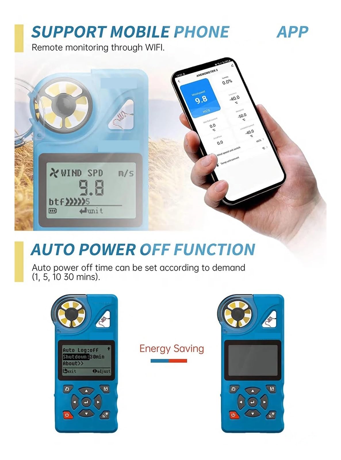 Anemómetro digital con memoria de 8000 Aata, 7 modos de medición y control remoto de temperatura y humedad.