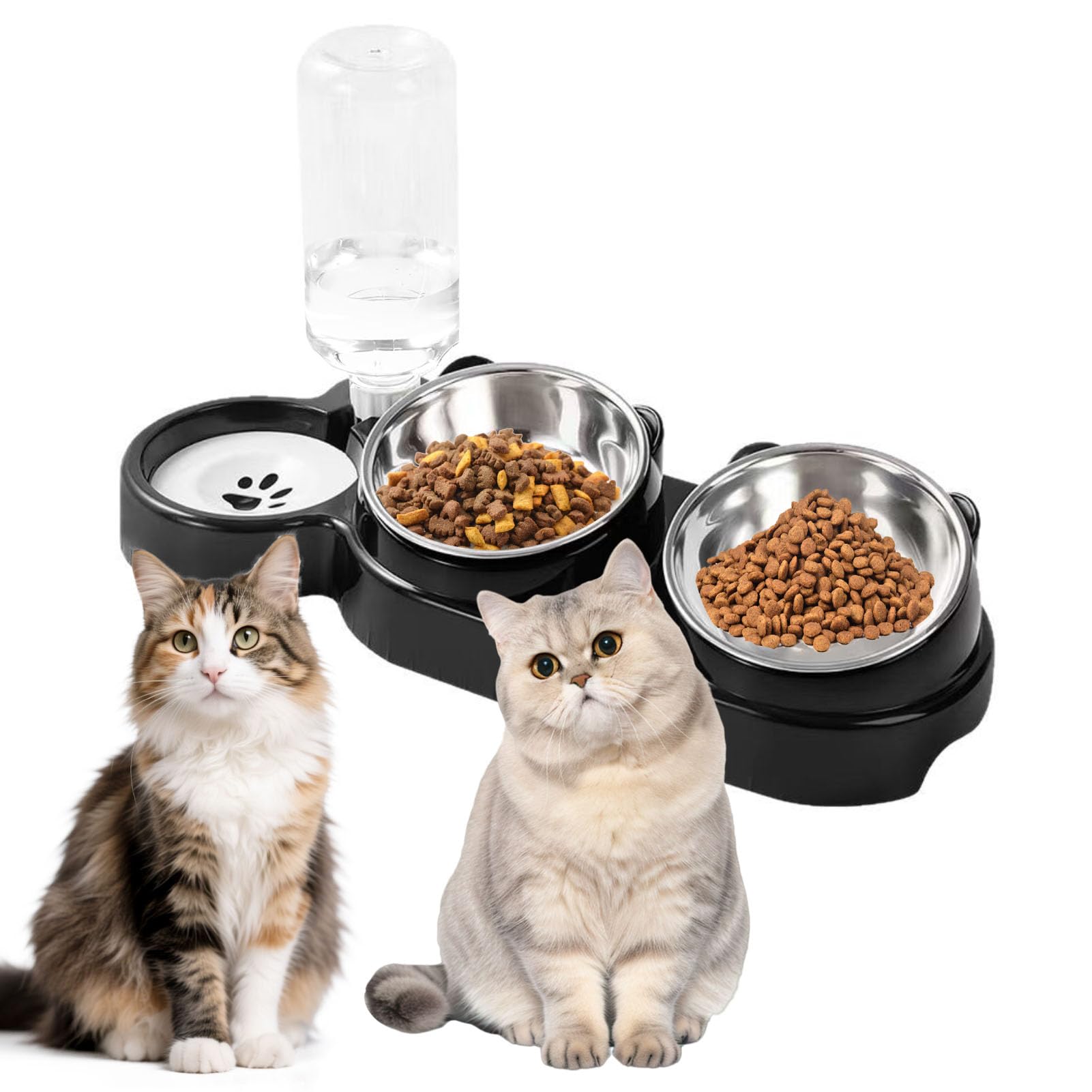 3 in 1 Cat Bowl, Cat Food and Water Bowl Set with Water Dispenser and Stainless Steel Bowls, Double Pet Bowls with Water Dispenser Cat Feeding Station For Small Medium Dogs Cats
