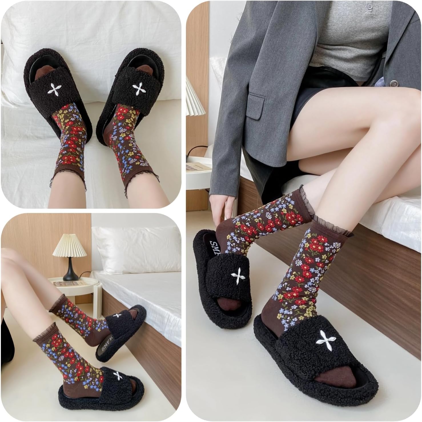 Vintage Style Embroidered Floral Socks for Women Girls with Lace Trims, Spring and Fall Cotton Crew Socks - Image 5