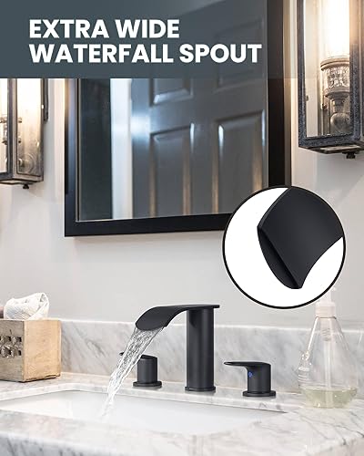 Miniatura 7 de WOWOW Grifo de baño en cascada de 3 agujeros de 8 pulgadas, grifo de lavabo de baño de dos asas, grifos de lavabo con mangueras de drenaje y