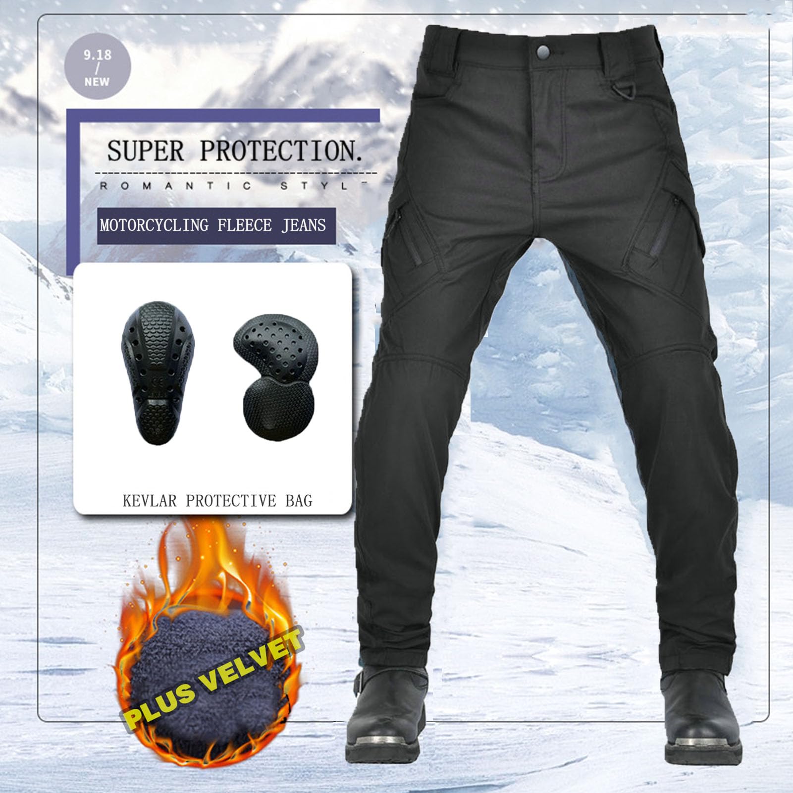 Pantalones Motocicleta Hombres, Invierno Motocicleta Anti-caída Protección Kevlar Thicken Fleece Jeans A Prueba Viento A Prueba Agua con 4 Actualización Armadura Extraíble