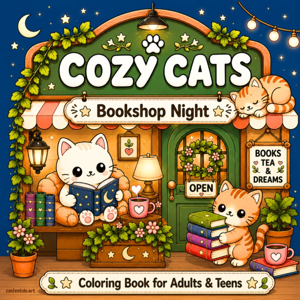 Cozy Cats: Bookshop Night: A Cozy Coloring Book for Adults & Teens Featuring Cute Cats, Magical Bookstores, Reading Clubs, Cozy Cafés & Relaxing Nighttime Scenes (Cozy Moments Coloring Book Series)