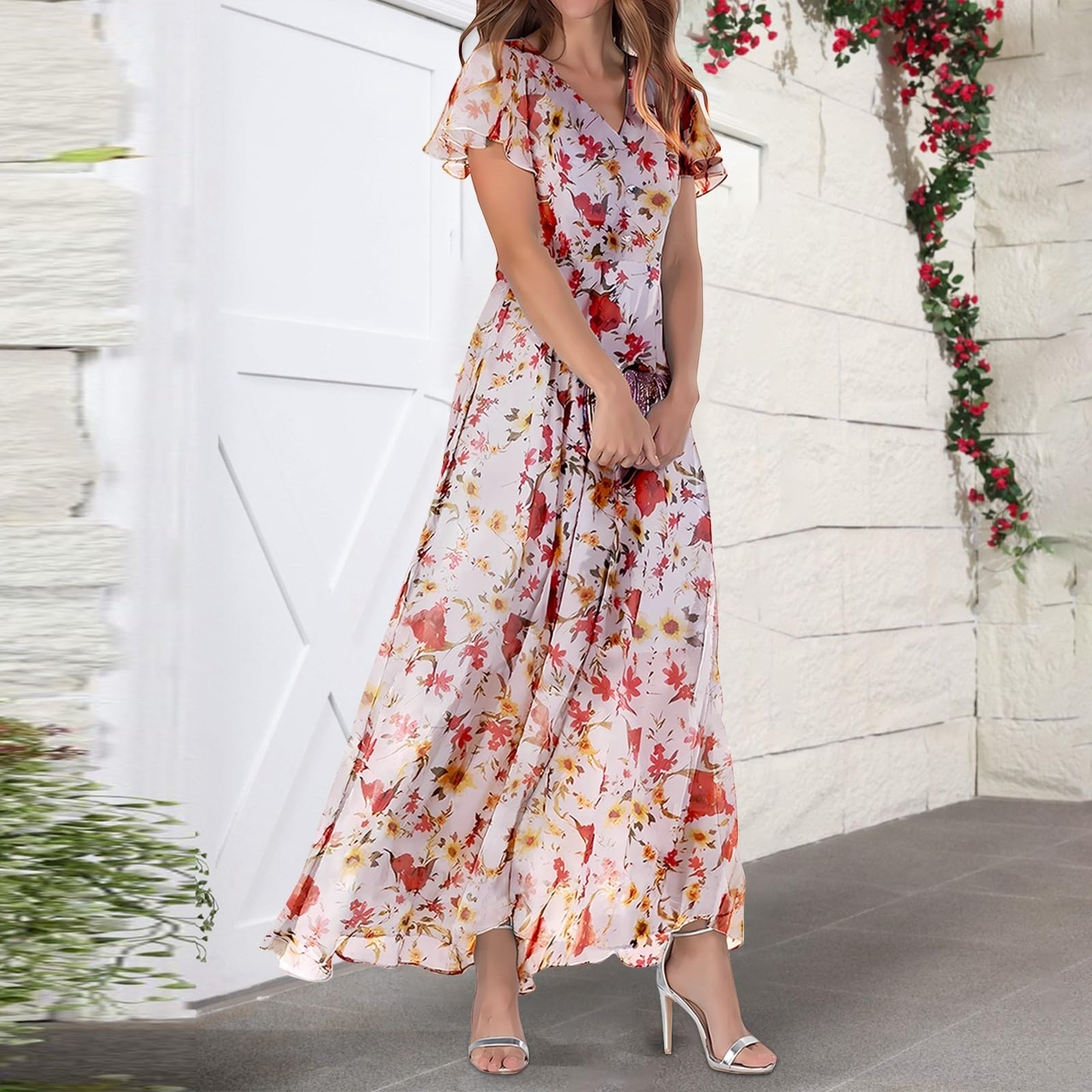 Générique Damska luźna sukienka maxi w stylu boho, lejąca się plaża, lato, swobodna, elegancka, z krótkim rękawem, vintage, bawełna, len, duży rozmiar, nadruk na imprezę A12