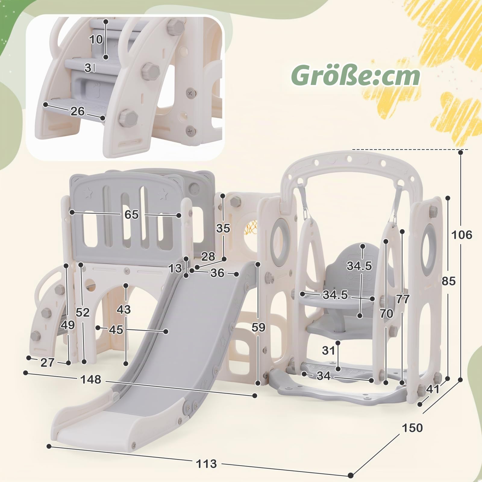 Rutsche und Schaukel für Kinder, 7-in-1Kinder Spielplatz mit Rutsche, Schaukel, Basketballkorb, Klettern,Treppe, Bohrspiel und Stauraum - Rutsche Set für Kindergeschenk