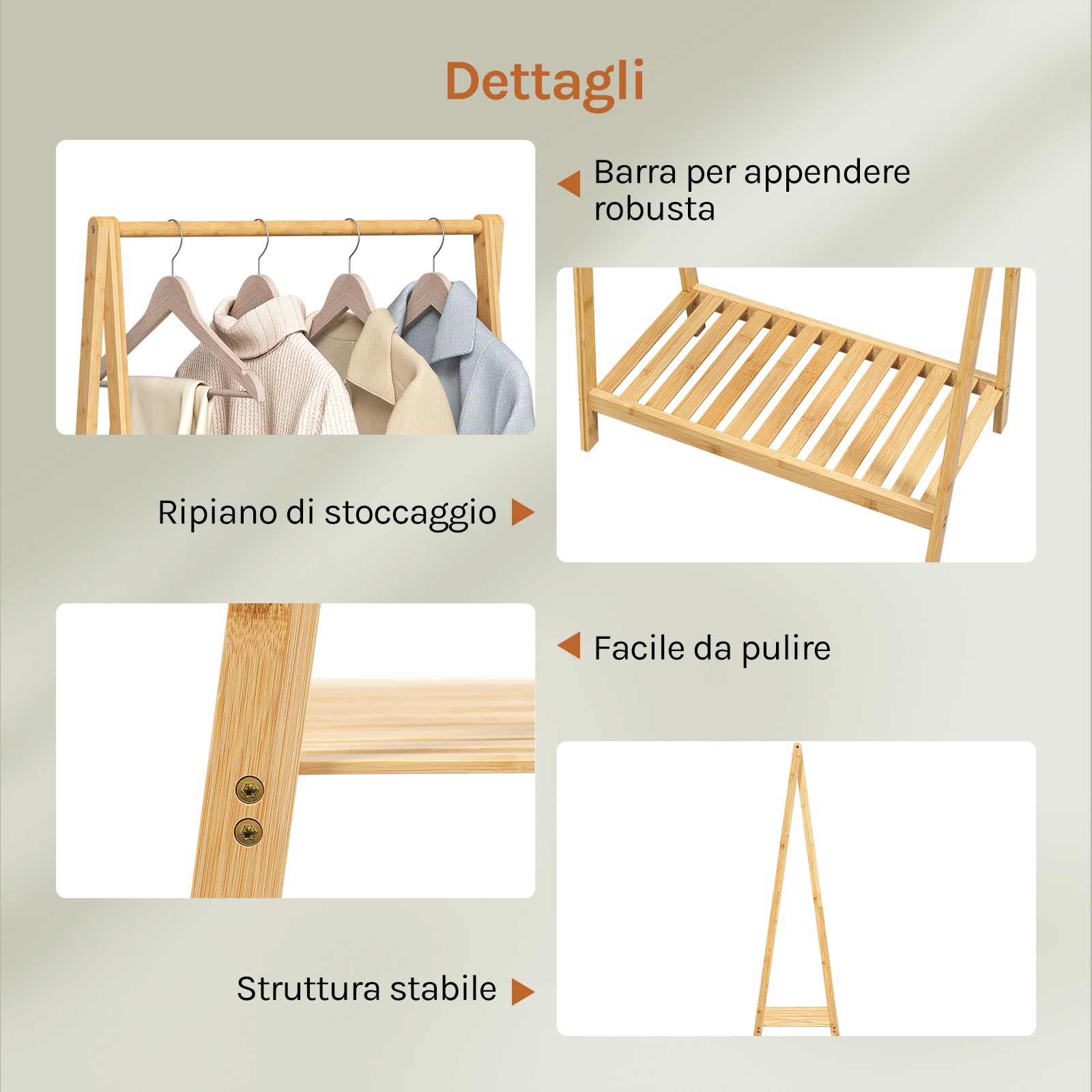 WOLTU Appendiabiti da Terra in Bambù, Attaccapanni Autoportante con Ripiano Inferiore, per Vestiti Cappelli Borse, Ingresso, Camera da Letto, Corridoio