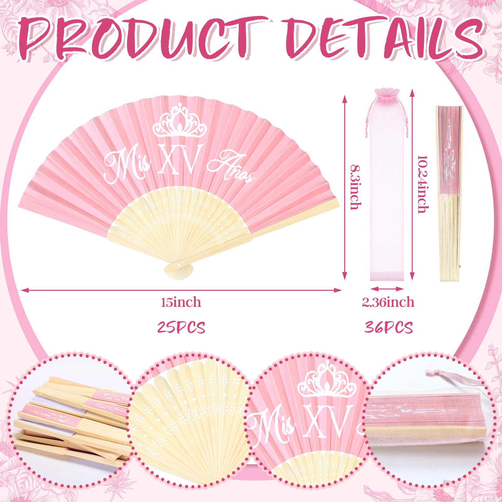 36 Pcs Recuerdos para 15 Años Quinceañeras Quinceanera Decorations Quinceanera Party Favors for Guests Pink Hand Folding Fans with Organza Bags Mis Quince Gift for Birthdays Wedding Pajamas Party