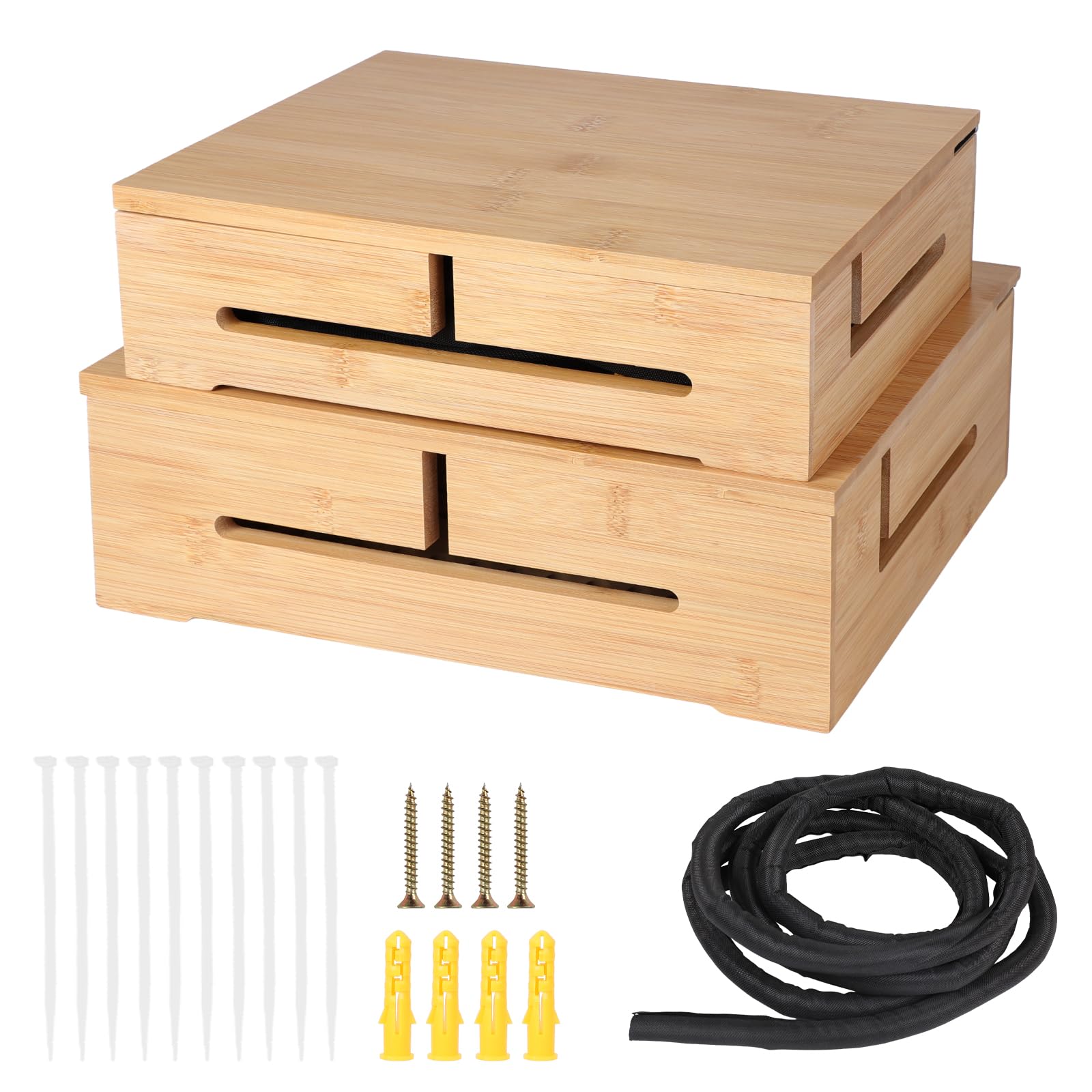 DBREAKS 2X Kabelmanagement Box, Kabelbox Holz, Kabel Organizer Box, Bambus | Wandmontierbare Kabelbox mit magnetischem Bambus-& Kabelbindern & Kabelschlauch, Kabelkasten für Schreibtisch Cable Organizer