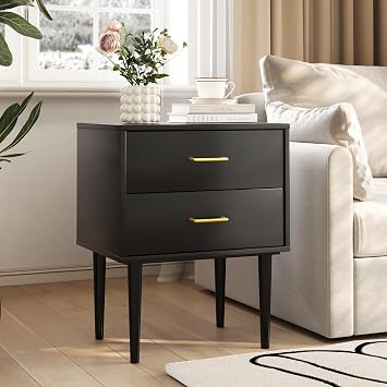 Semiocthome Modern Black Nightstand with 2 Drawers & Glod Metal Handle, 26" H Wood Night Stand with Wide Tabletop, Bedside Tables with Solid Wood Legs, End Table for Bedroom