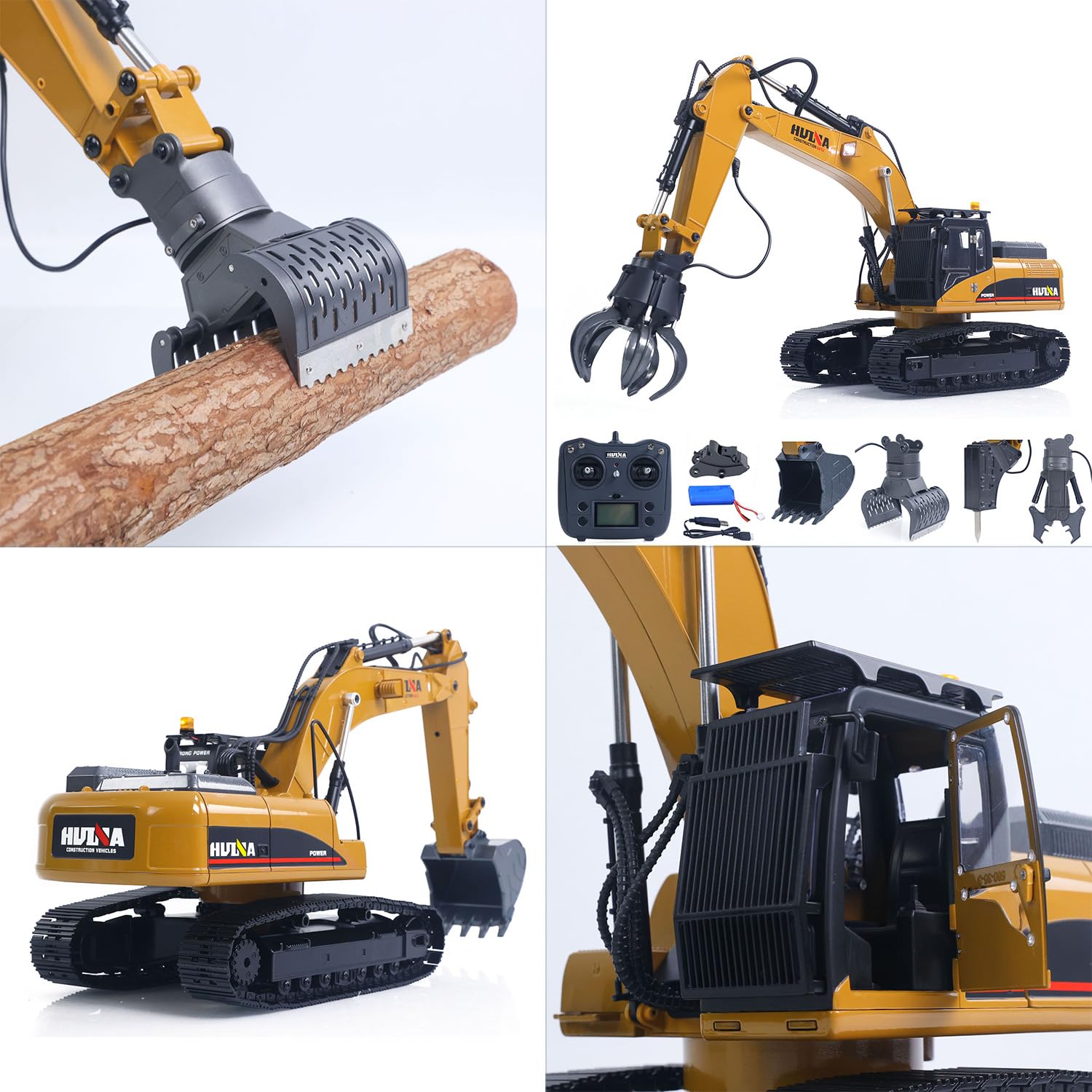 TOUCAN RC HOBBY HUINA 1:14 Metall-Fernsteuerungsbagger 580-32 – mit Licht und Sound – inklusive 2,4-GHz-Fernsteuerung, 7,4-V-Fahrgestellakku, USB-Ladekabel – mit Metallschaufel, Brecherhammer