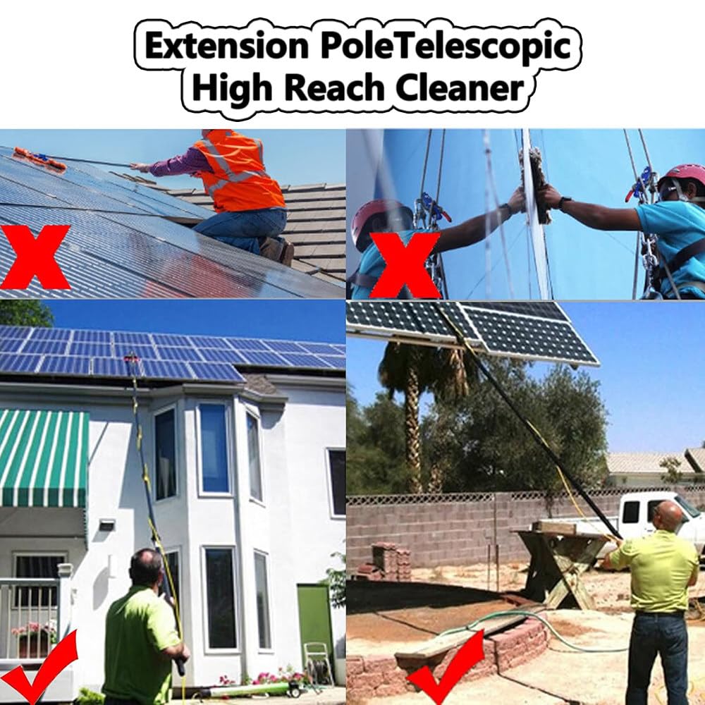 Herramienta de limpieza de paneles solares, poste extensible ajustable con cabezal de cepillo giratorio de 35 cm, limpiador de ventanas alimentado por agua para altura, alcance 3,6 m