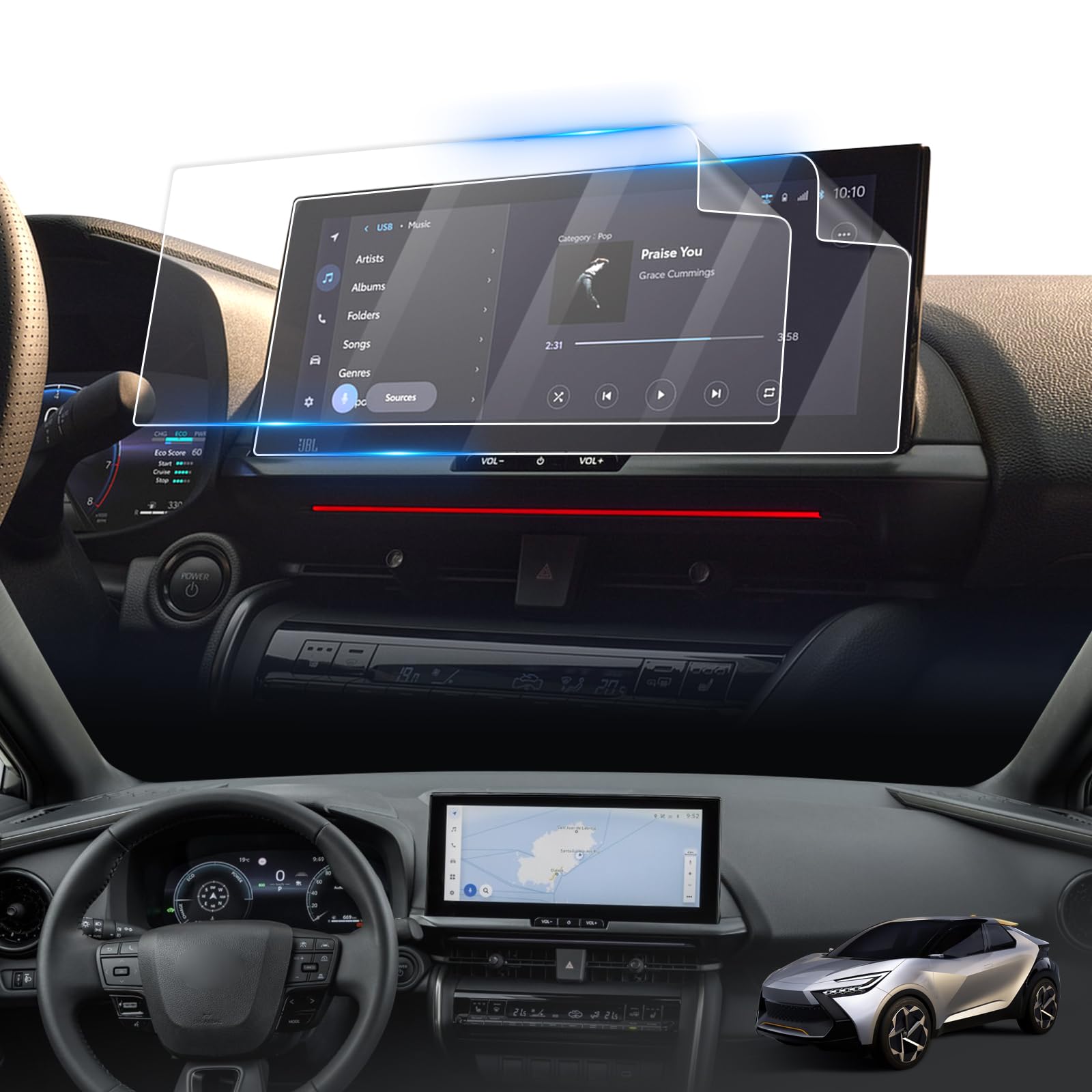 LFOTPP [2 adet] Ekran koruyucu folyo Toyot-a C-HR Hybrid 2024 2025 12,3 inç Navigasyon GPS dokunmatik ekran, CHR 30,3 cm (12,3 inç) nano koruyucu folyo PET 5H çizilmez folyo aksesuarı