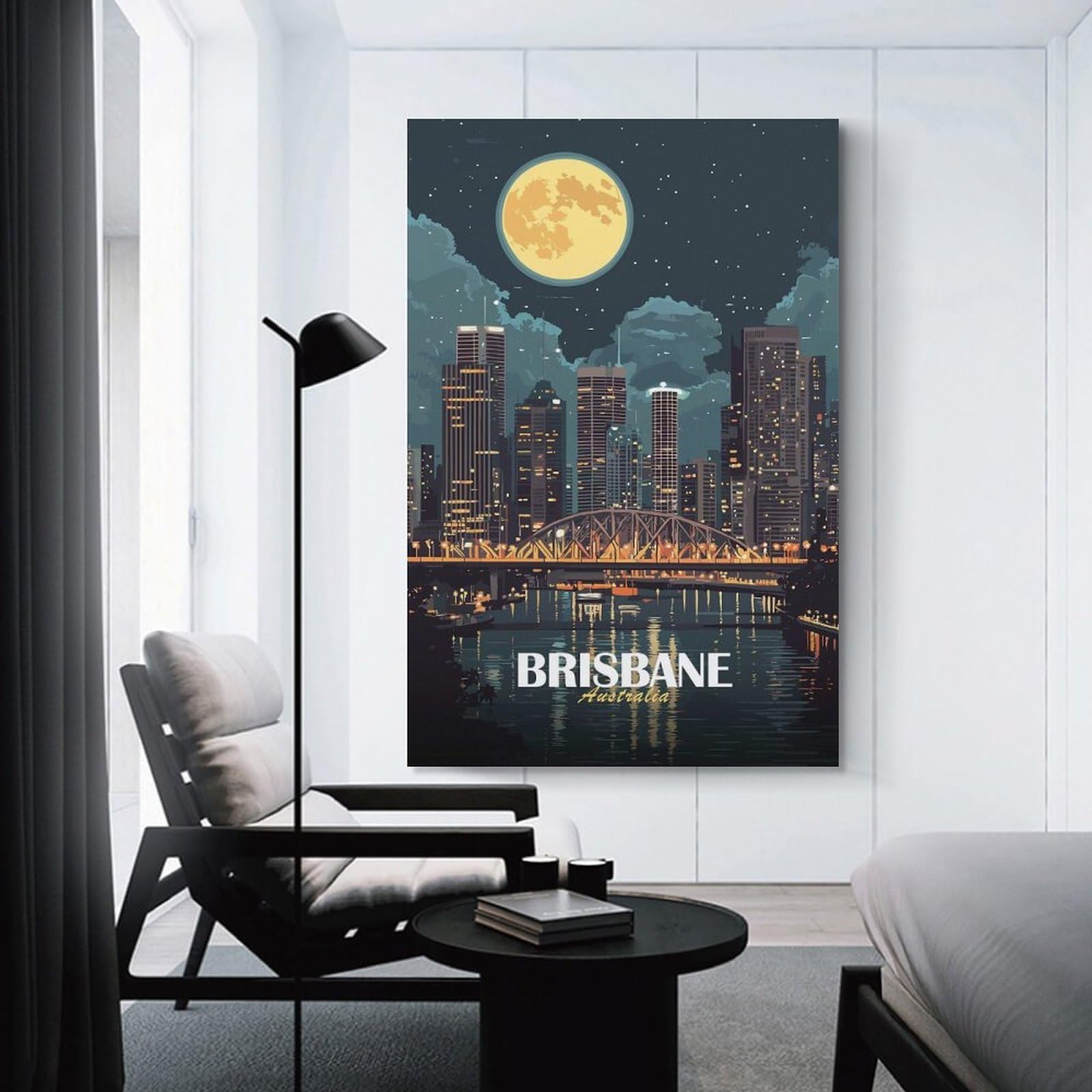 Junmoney Brisbane Australia Cityscape at Night Home Decor Wall Art, 24x36inch(60x90cm), for Work Areas, Reading Rooms Or Studios, An Interior Accent for Desk Areas