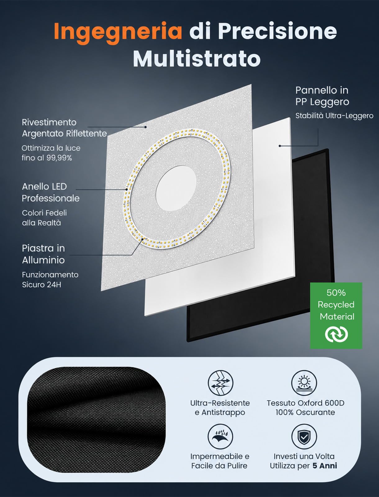 DUCLUS Lightbox 40x40 cm, Studio Fotografico Pieghevole, 5500K kit con Tenda Luminosa Dimmerabile, Illuminazione a 160 LED e 8 Sfondi per la Fotografia di Prodotti