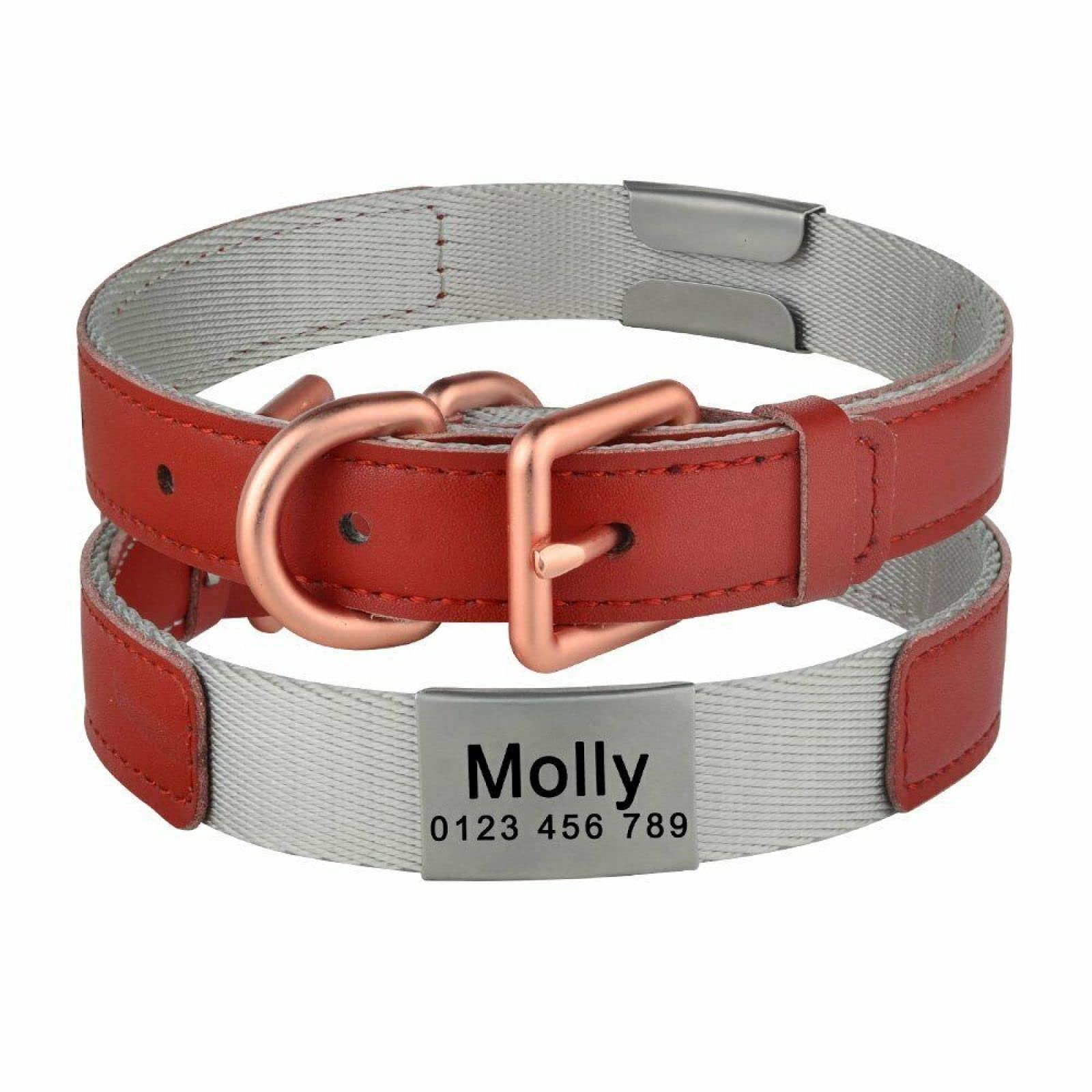 Hundehalsband Einstellbare Nylon Personalisierte Gravierte Name Tag Hund Id Halsband Mit Leder Schicht Gepolstert, Rot, Xs 17-23Cm/Rot/L 36-47Cm