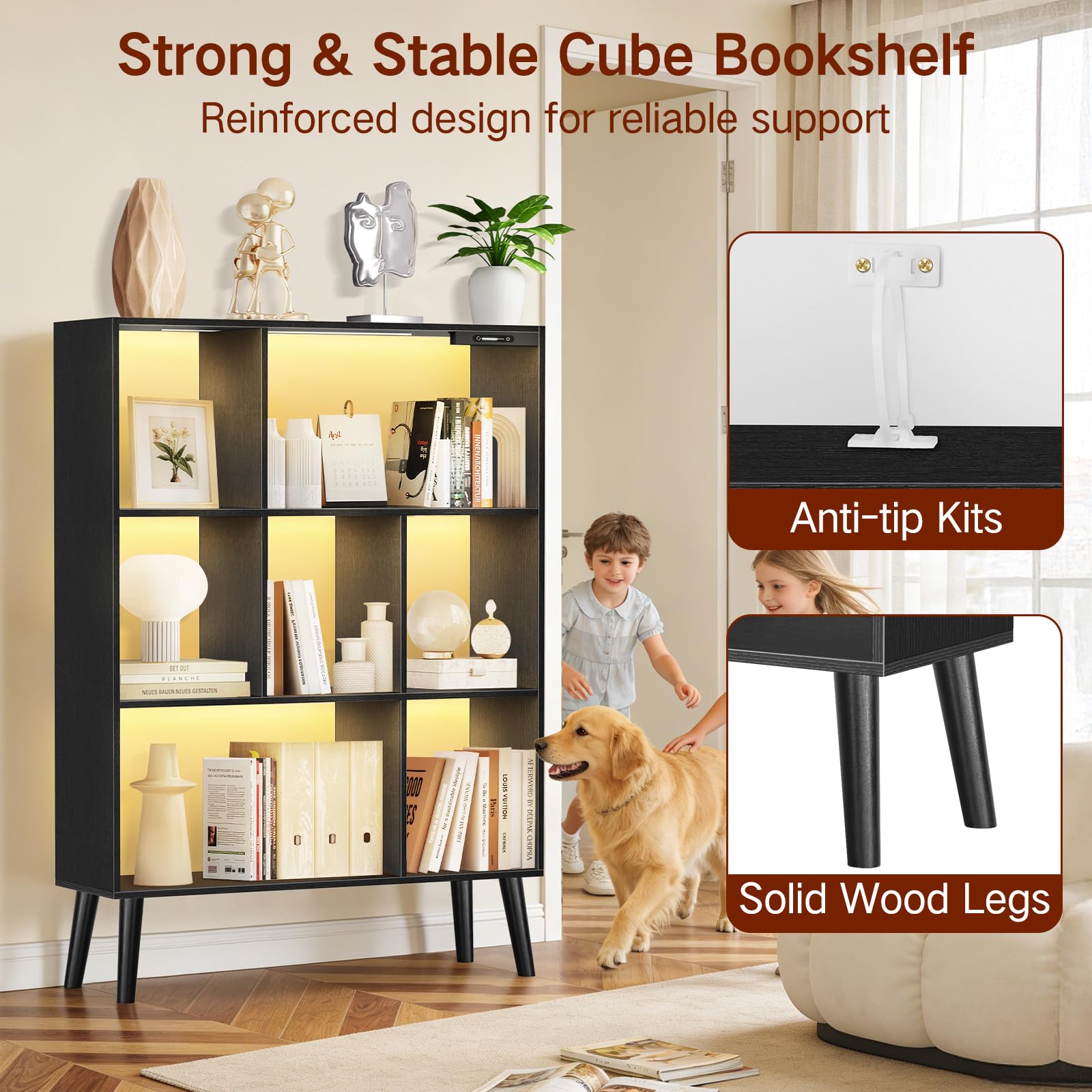 Libreria a 7 Cubi con Luci LED, Controllo Touch e Telecomando, Scaffale Moderno a Terra Dimmabile, Organizer in Legno Aperto per Soggiorno, Camera da Letto e Ufficio