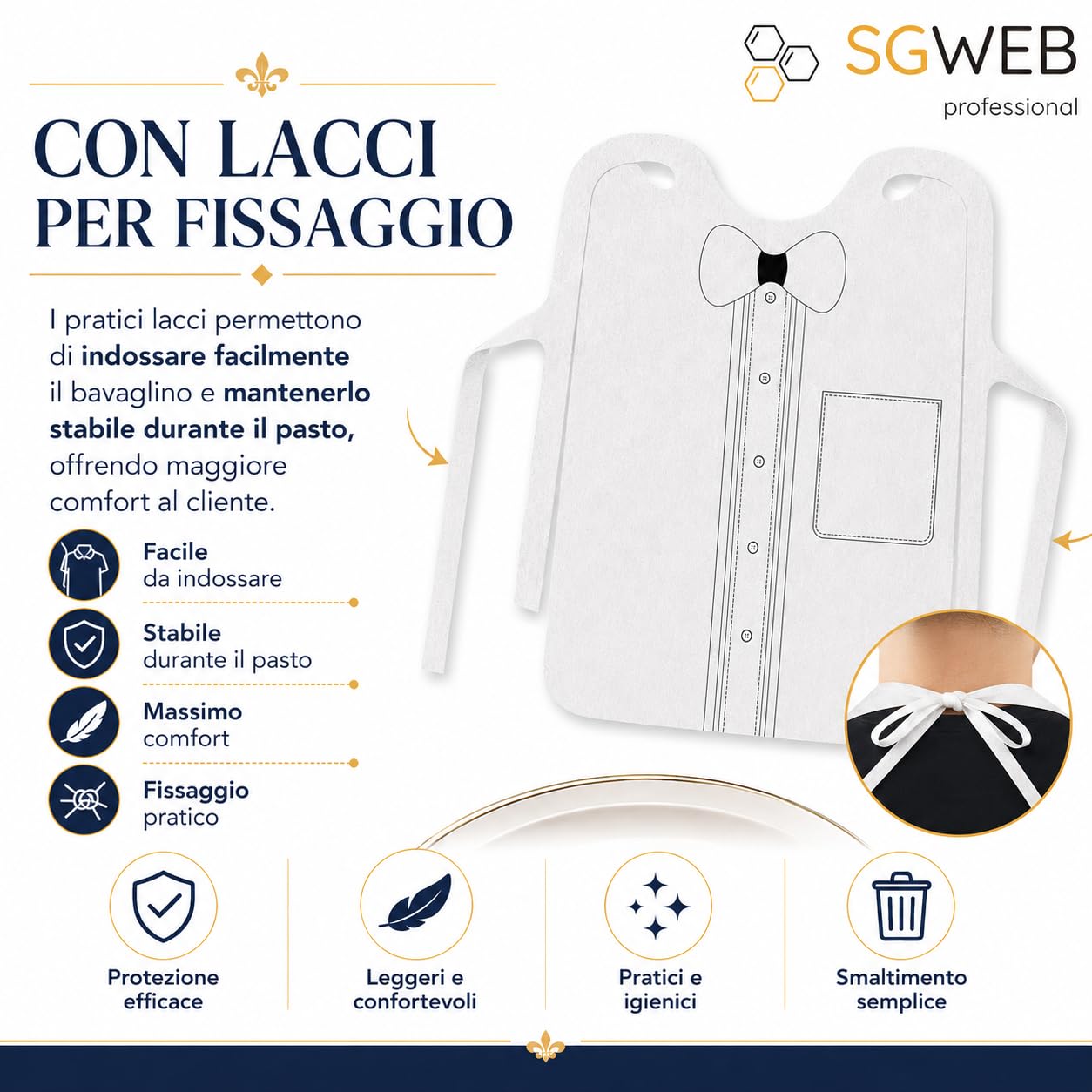 100 Bavagli Monouso in TNT con Lacci 37 x 45 cm, Bavaglini Usa e Getta con Disegno Papillon, Tovaglioli Protettivi per Ristoranti, Pizzerie e Snack Bar