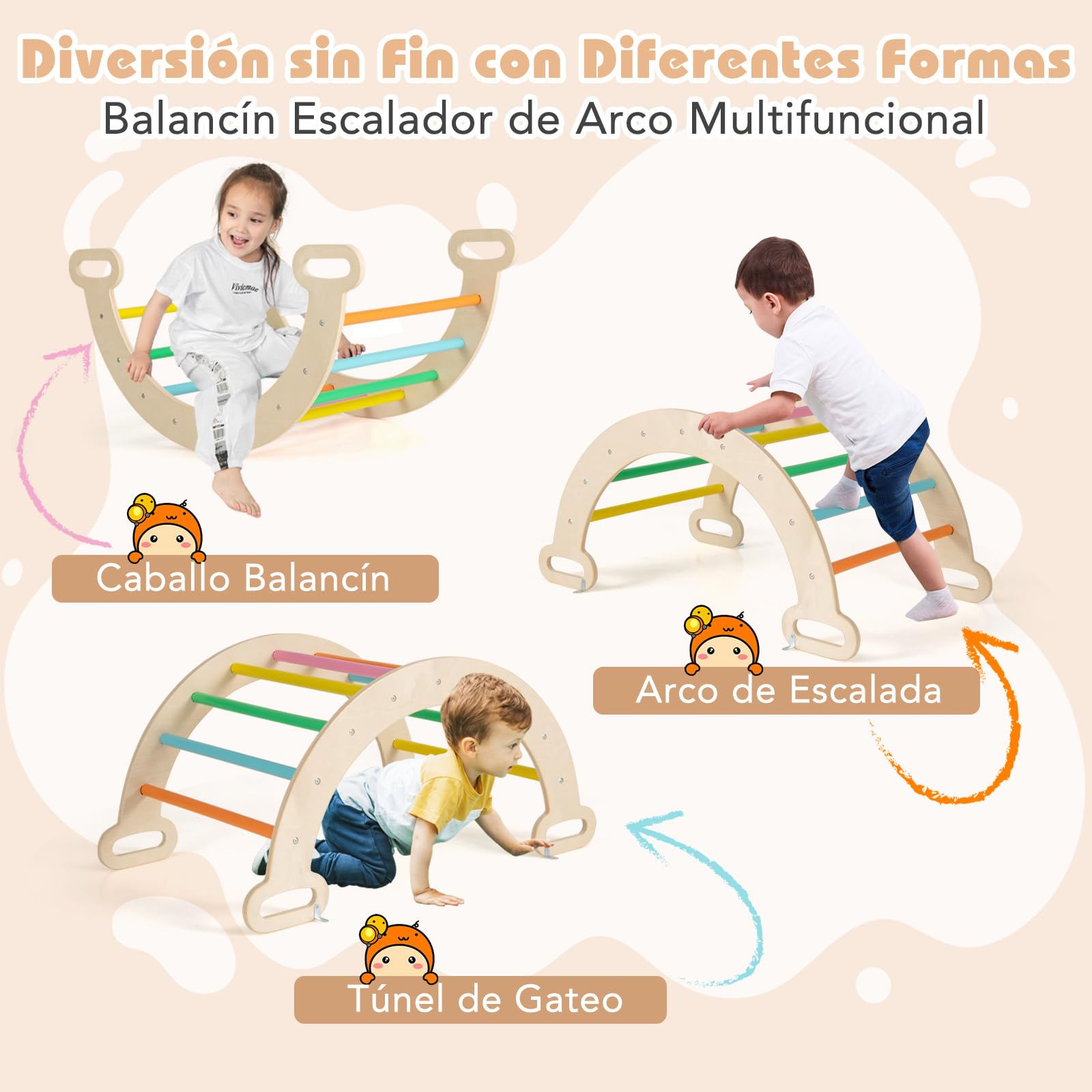 COSTWAY 7 en 1 Triángulo de Escalada de Madera para Niños, Juego de Escalada con Triángulo, Arco, Rampa para Deslizarse o Escalar, Set de Escalada Montessori para Niños 1+ Año (Multicolor)