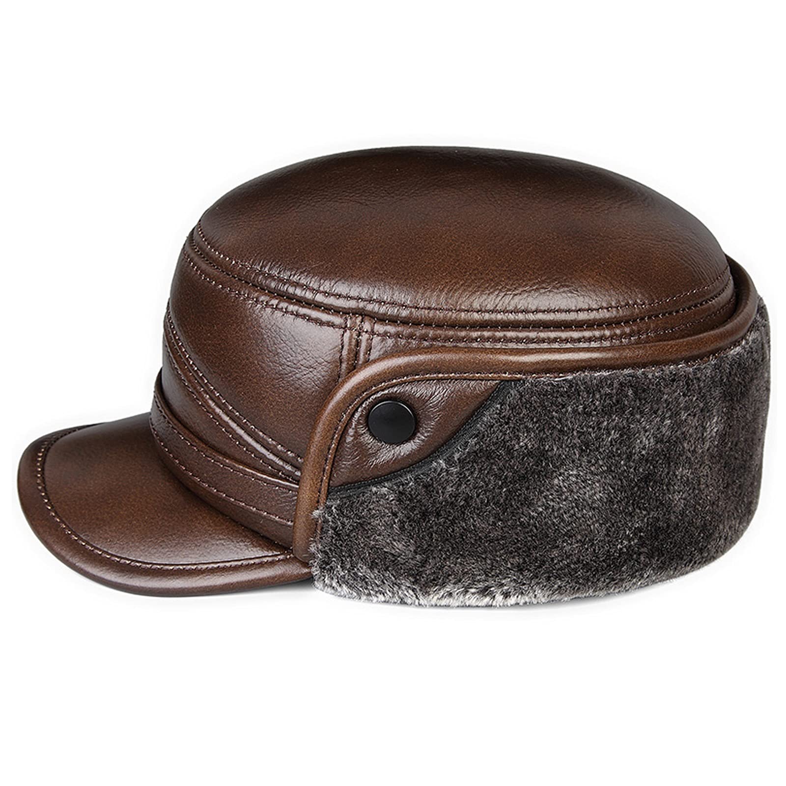 Sombreros de invierno, sombrero bombardero Trooper de cuero para hombre Trapper Hat Faux Fur Bomber Cap con orejeras Invierno para ancianos