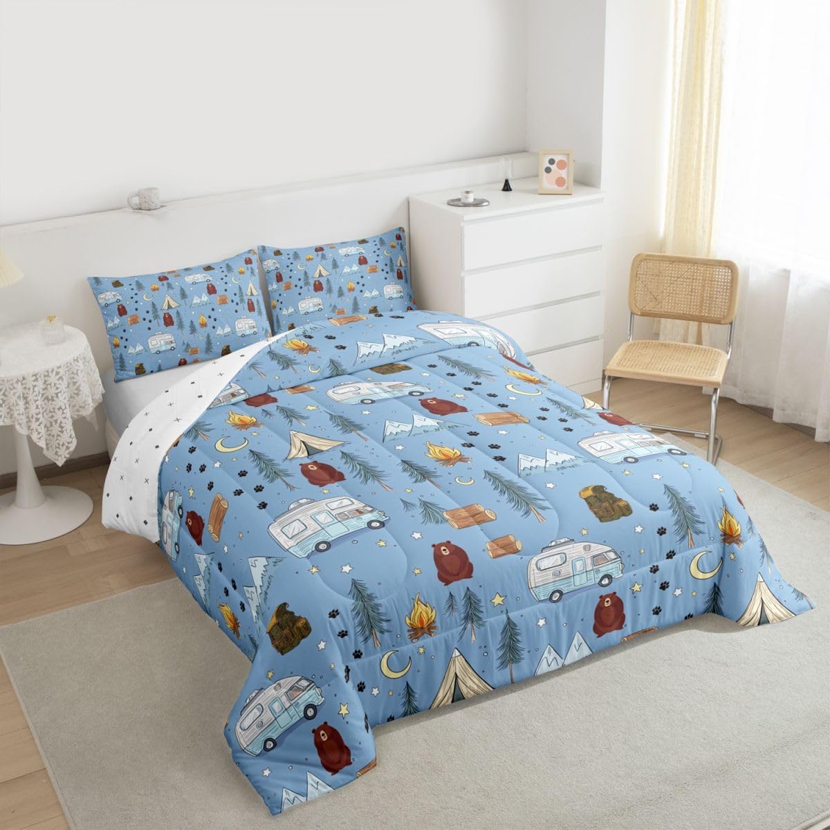 Homewish Cartoon Tents Camp Camper Comforter Set Full Size,Camping Picnic Bedding Sets 3Pcs for Kids Girls Boys Youth Room Decor,Woodland Bear Duvet Insert Snow Mountain Down Comforter,2 Pillowcases