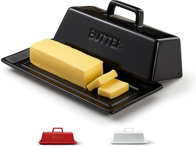KooK Butter Dish with Lid for Countertop, Ceramic Butter Dish, Butter Tray with Cover, Kitchen Butter Keeper, Butter Container, Butter Holder, Holds 1 Stick, Microwave and Dishwasher Safe, Black