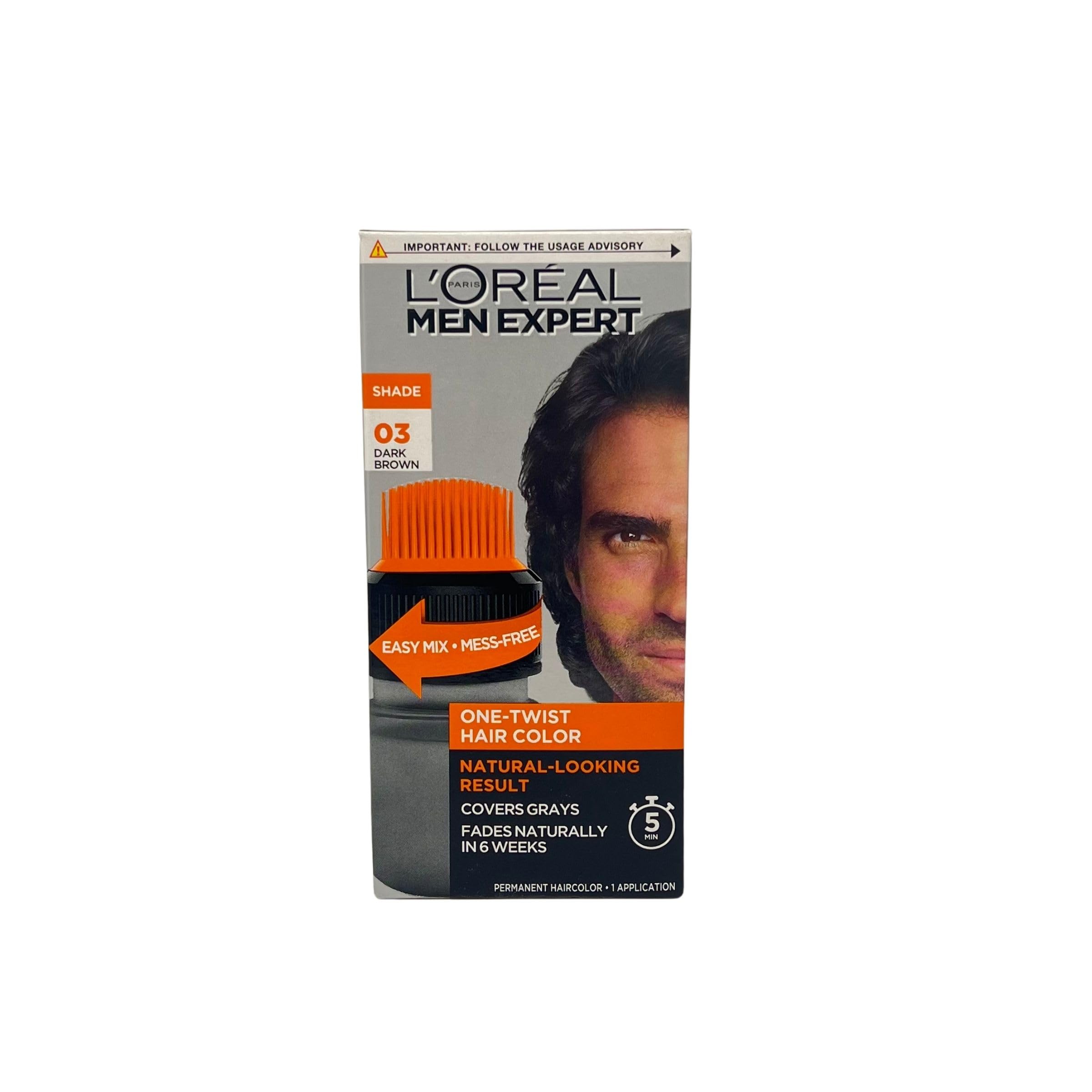 L’Oreal Paris Men Expert One Twist Mess Free Permanent Hair Color, Mens Hair Dye to Cover Grays, Easy Mix Ammonia Free Application, Dark Brown 03, 2 Application Kit