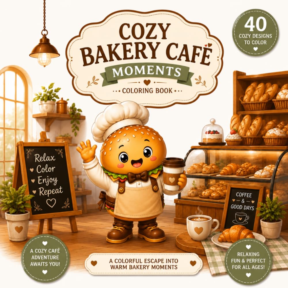 Cozy Bakery Café Moments: A Cozy Adult Coloring Book with Charming Bakeries, Fresh Bread, Warm Coffee, Sweet Treats, and Relaxing Café Scenes (Cozy Café Moments)