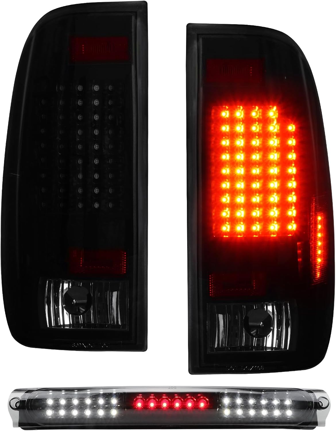 (3 Pack) LED Tail Light Assembly+3rd Brake Light Fits for 1997-2003 Ford F150, 2004 F150 Heritage, Taillights w/High Mount Stop Light, Black Housing Smoke Lens, Only Fit Factory Incandescent Models