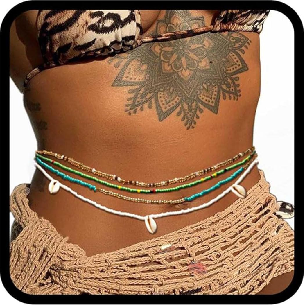 Urieo African Shell Elastic Waist Beads Chain Colorful Stretchy Belly Bead Layered Beaded Bikini Beach Waist Chains for Women