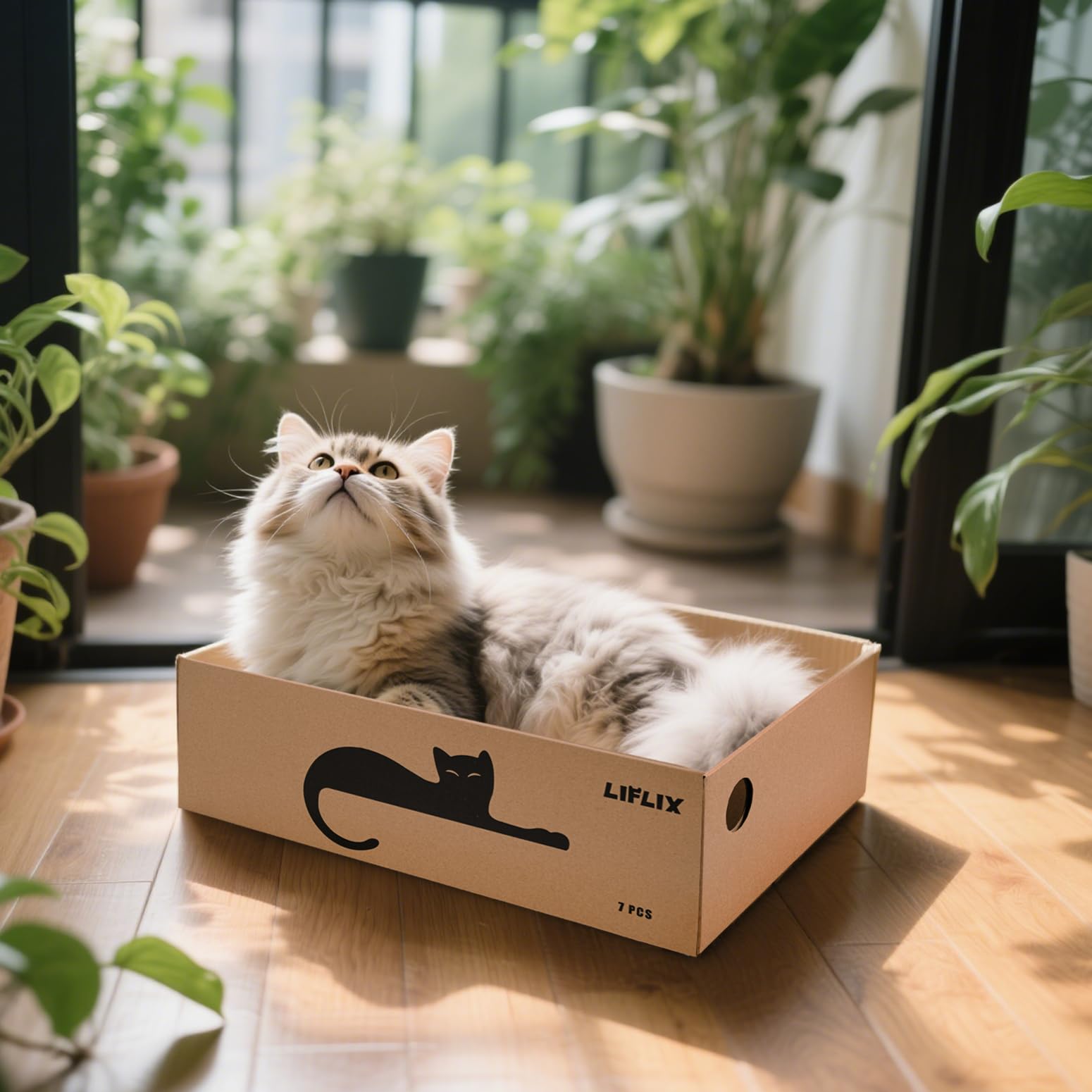 LIFLIX Rascador para gatos con caja, 7 unidades, cartón rascador para gatos con cartón de alta calidad, muebles para gatos, resistente, 42 × 32 × 15 cm, grande