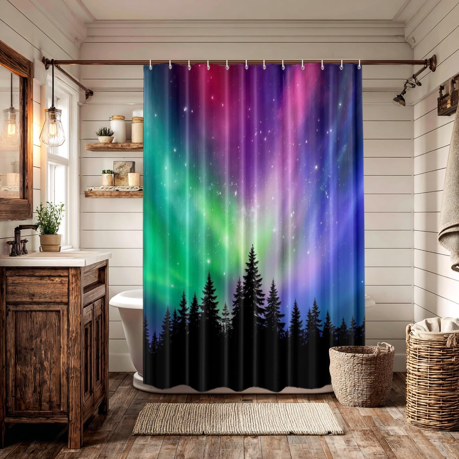 Batmerry Northern Lights Forest Decorative Shower Curtain, Northern Lights Aurora Borealis Shower Curtain Cute Long Wide Shower Curtain with Rust Proof Grommets for Bathroom Waterproof Washable