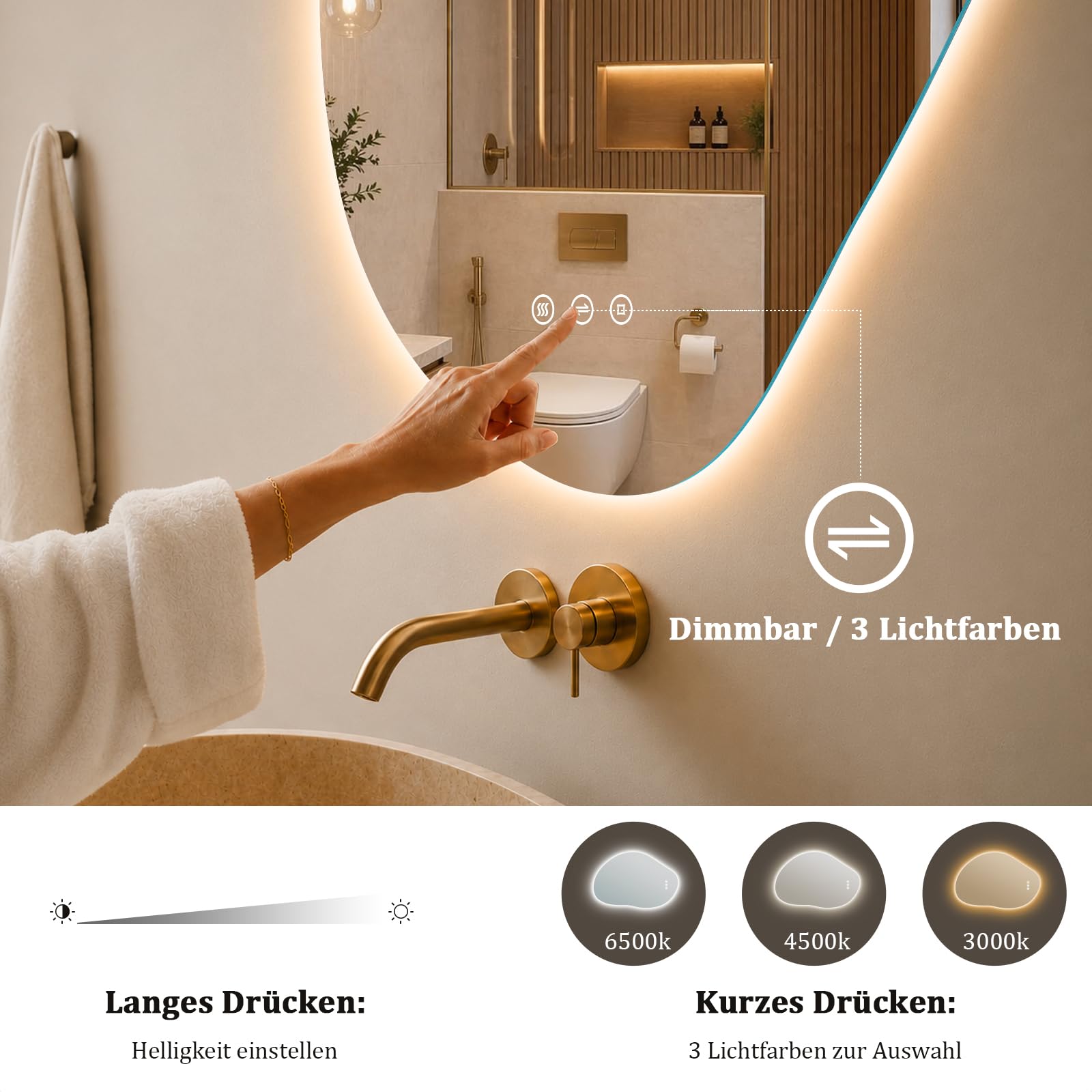 Miroir asymétrique avec éclairage, miroir de salle de bain LED avec interrupteur tactile, 3 couleurs de lumière à intensité variable, anti-buée, miroir de salle de bain avec éclairage 80 x 53