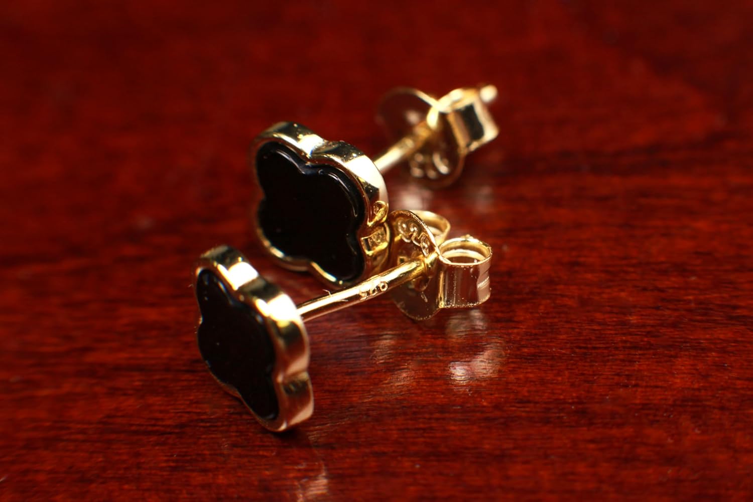 Natural Black Onyx 8mm Clover Stud Earrings in 18K Gold Vermeil over 925 Sterling Silver Earrings, 925 Stamped