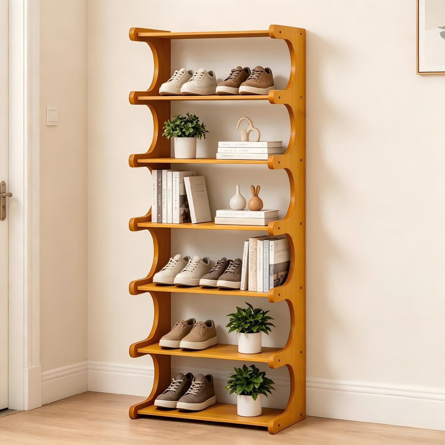 Étagère à chaussures verticale en bois à 7 niveaux de 104,1 cm de haut, tour à chaussures d'entrée multicouche en bois massif, organisateur de chaussures sur pied pour placard étroit