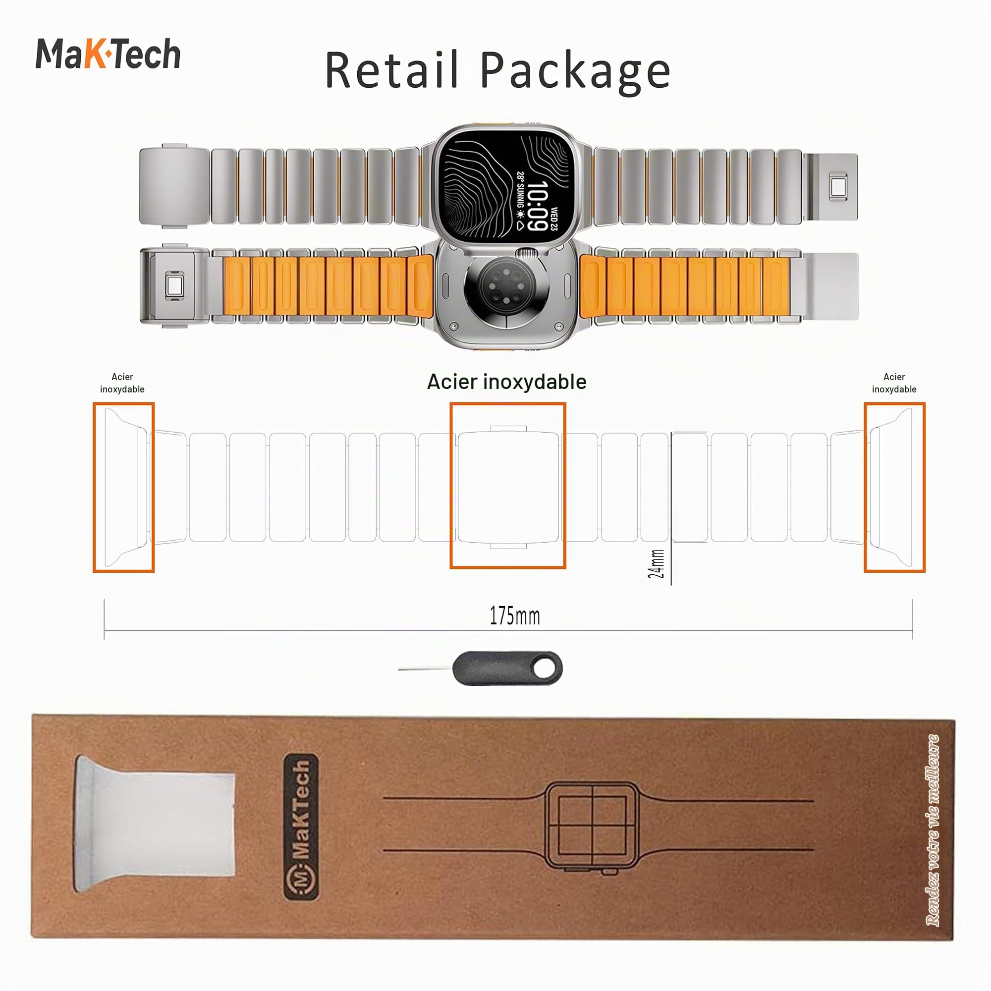 Bracelet Titane Apple Watch 11/10/9, Ultra 3, SE 3, Doublure Silicone, DLC | MaKTech, DLC Résistant aux Rayures, Fermoir Magnétique, Léger, pour Apple Watch 11/10/9/8/7/6/5/4, Ultra 3/2/1, SE 3/2/1