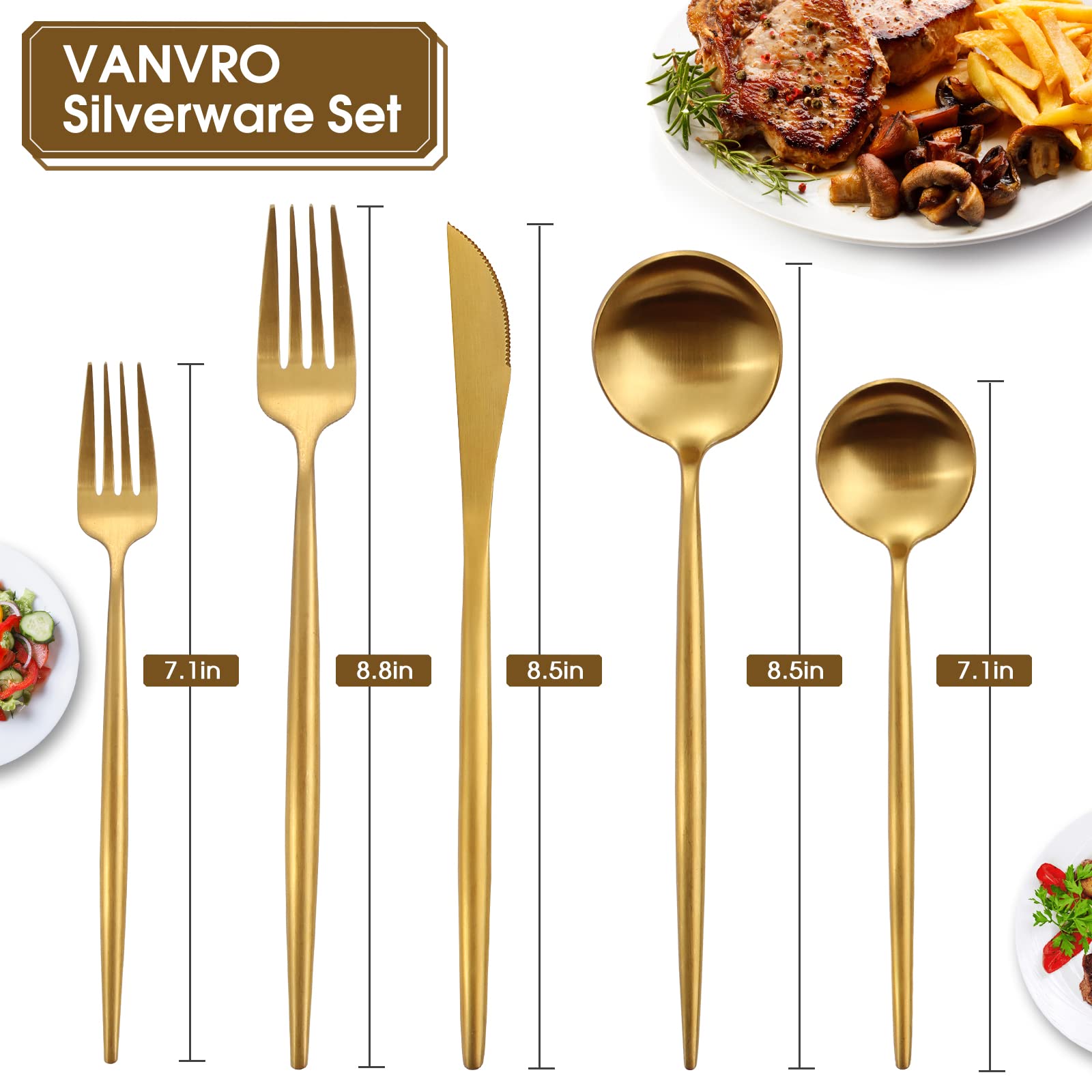 VANVRO Matte Gold Silverware Set, 20-Piece Stainless Steel Flatware, Tableware Cutlery Service for 4, Satin Finish Utensils, Knife Fork Spoon for Home and Restaurant, Dishwasher Safe