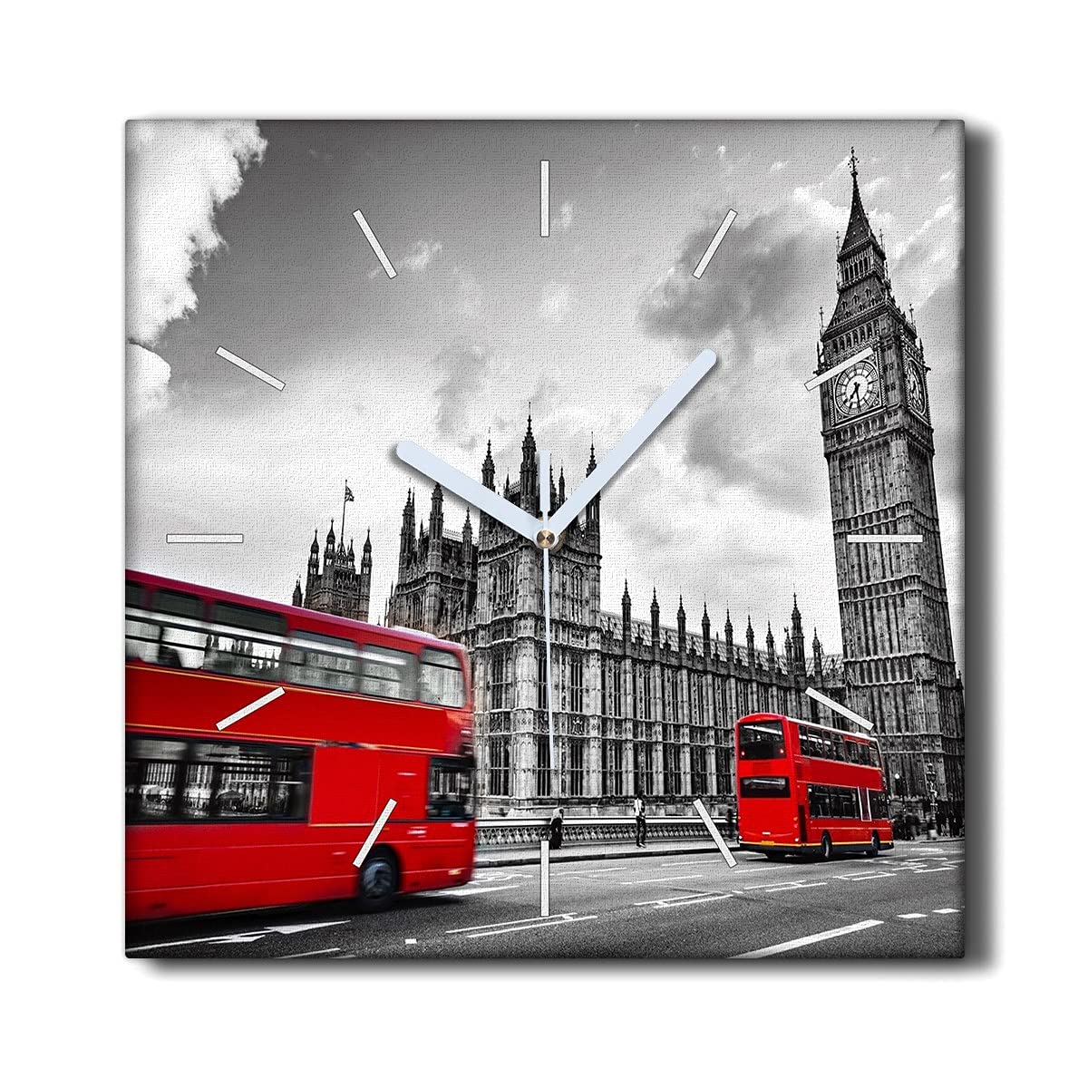 Horloge sur toile sans tic-tac 30x30cm pendule silencieuse salon design bus Londres