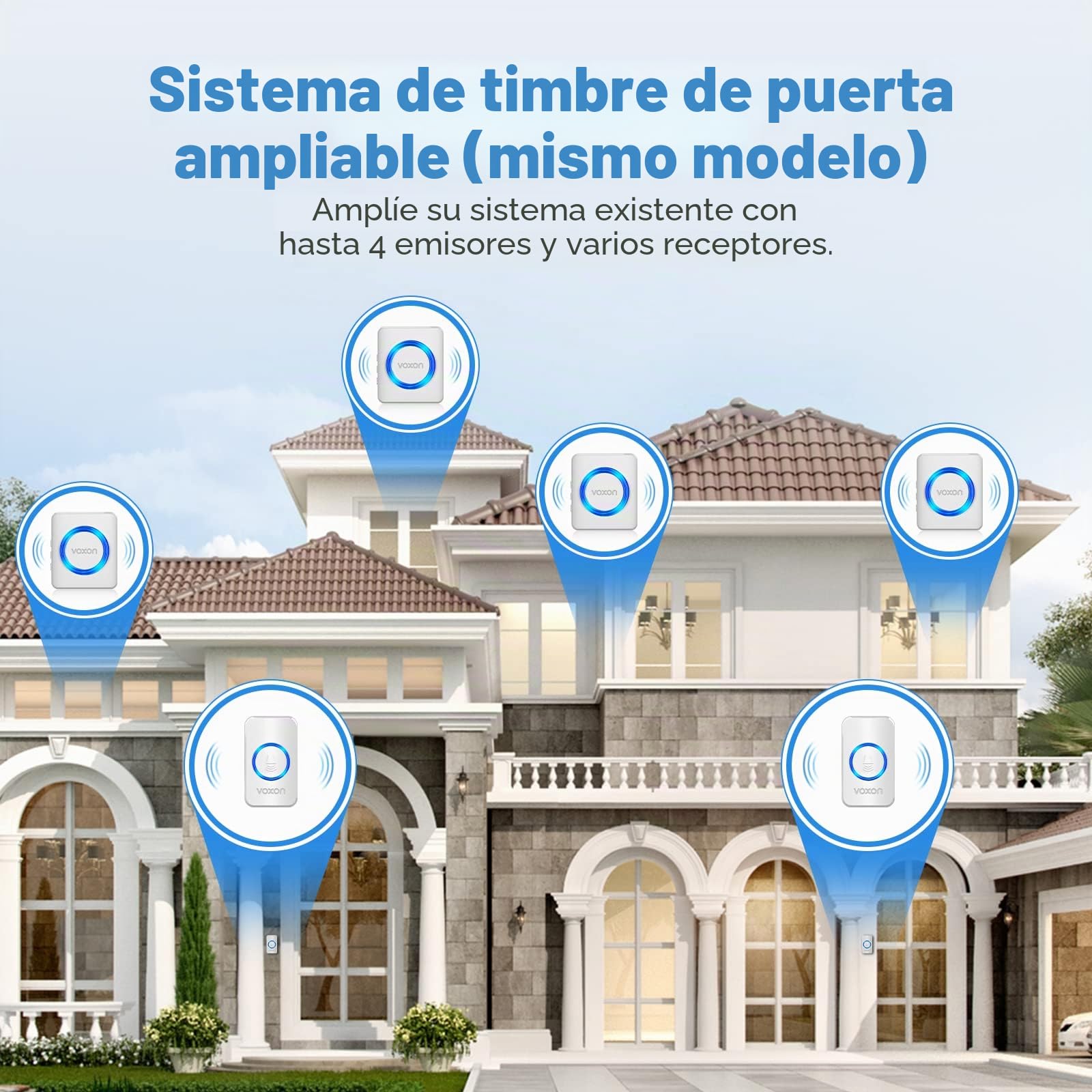 VOXON Timbre Inalámbrico, Alcance de 400m, Conjunto de Timbre con 2 Receptores, Resistente al Agua IP65 para Exteriores, Timbre de Puerta con Luz LED, 5 Niveles de Volumen, 60 Melodías