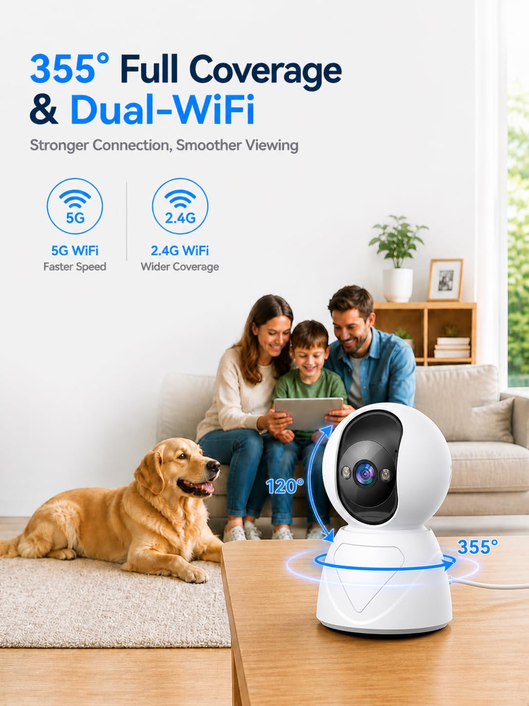 Caméra de sécurité d'intérieur inclinable 5G/2,4 G, 1080p pour moniteur de bébé/personne âgée, caméras de vidéosurveillance WiFi, sirène d'alarme, vision nocturne, conversation bidirectionnelle, SD